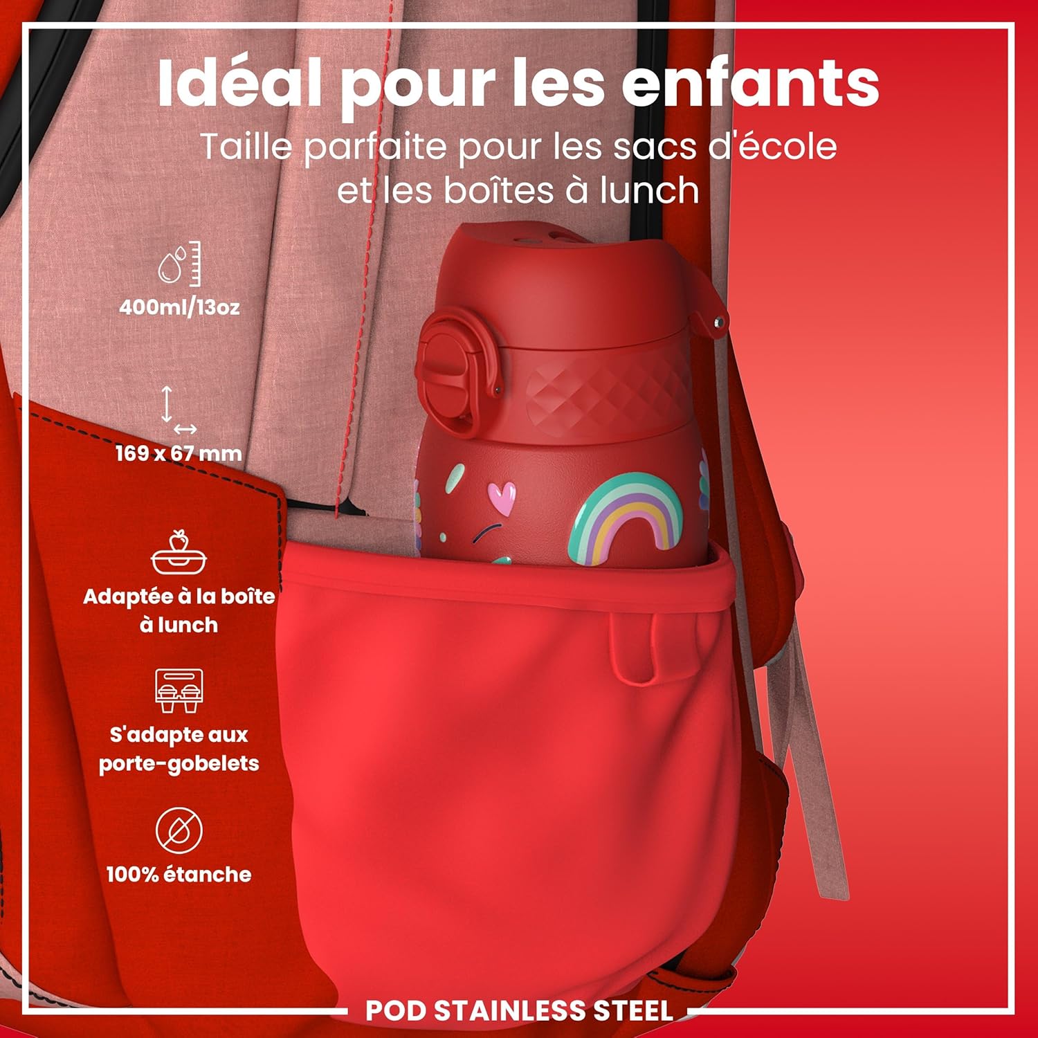 Detalle 2 de ION8 Gourde Enfant – Anti-Fuite, Ouverture Facile et Verrouillage Sécurisé, Lavable au Lave-Vaisselle, Motif Licornes