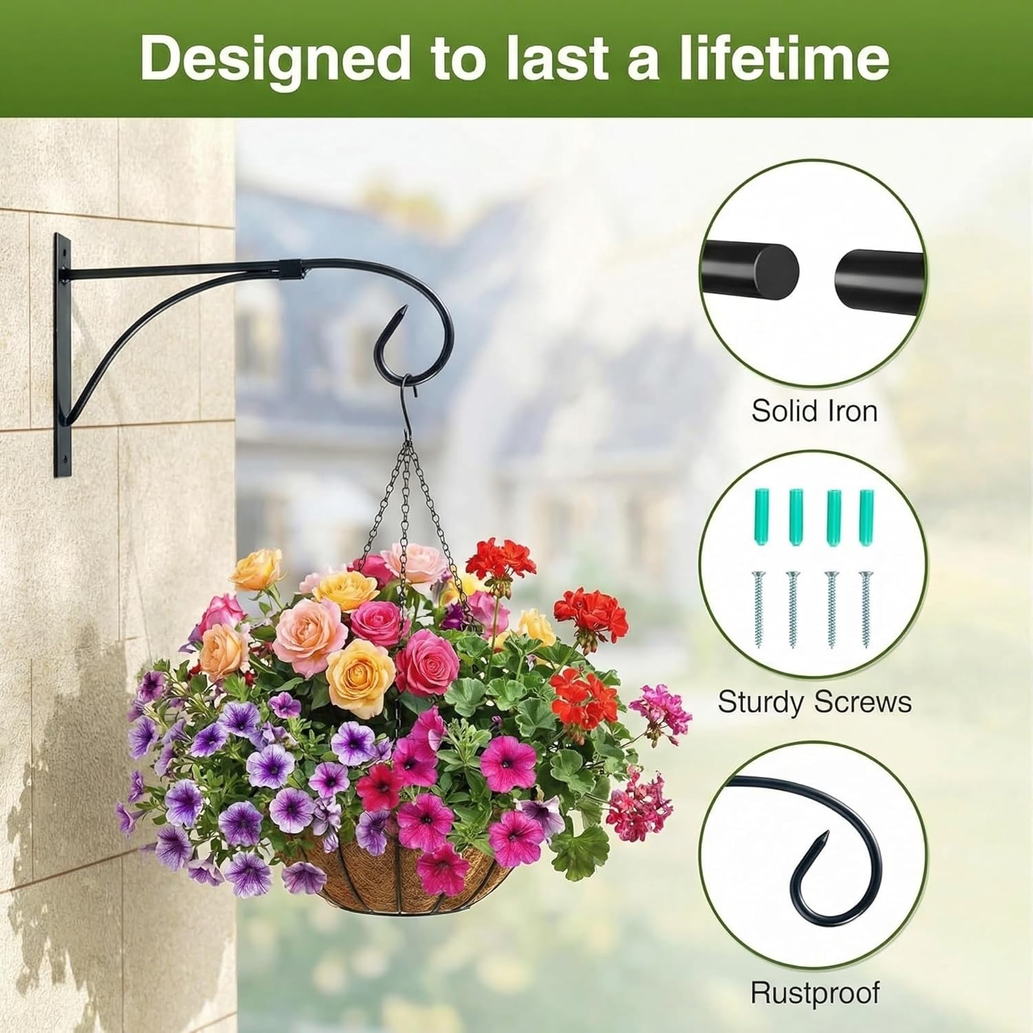 Thumbnail 3 de NUPTIO 2 Pcs Hanging Basket Brackets – Outdoor Iron Wall Hooks in Black