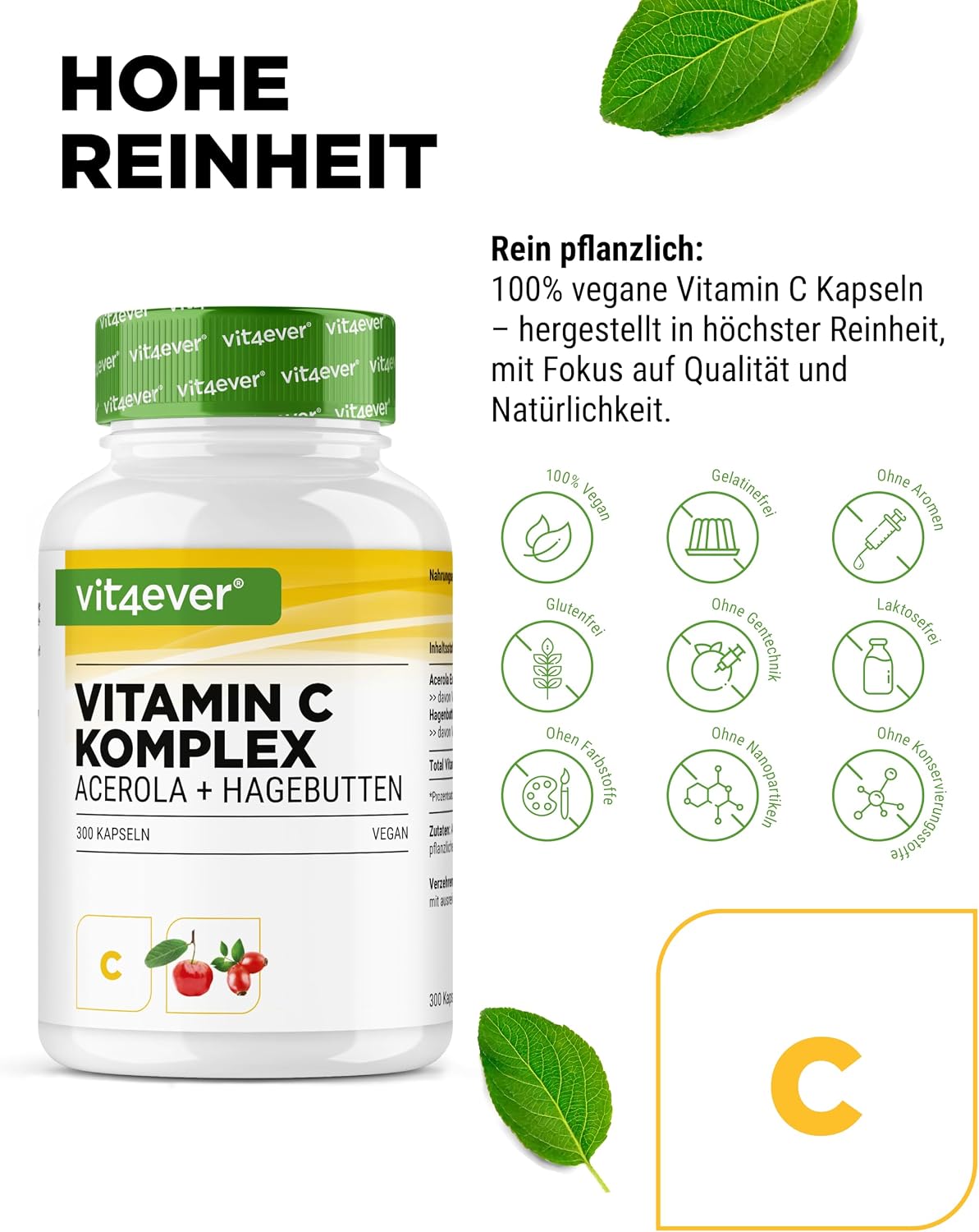 Detalle de vit4ever Natürlicher Vitamin C Komplex mit Acerola- & Hagebutten-Extrakt – 300 Kapseln (5 Monatsvorrat)