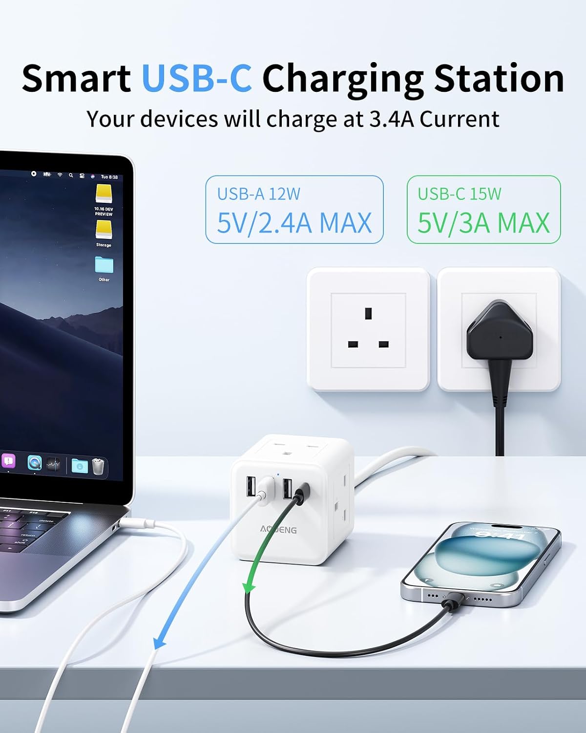 Detalle de Extension lead with 4 USB slots, 1.5m