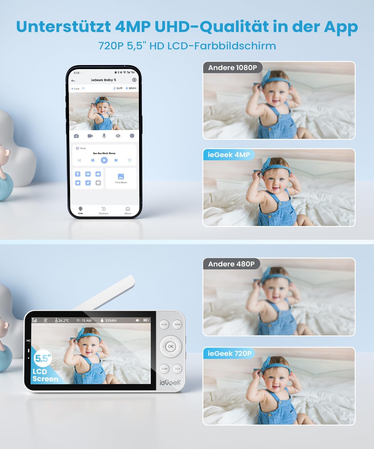 Detalle 2 de ieGeek Babyphone mit 2 Kameras (2,5K/4MP) WLAN, App, 360°-PTZ & AI-Erkennung