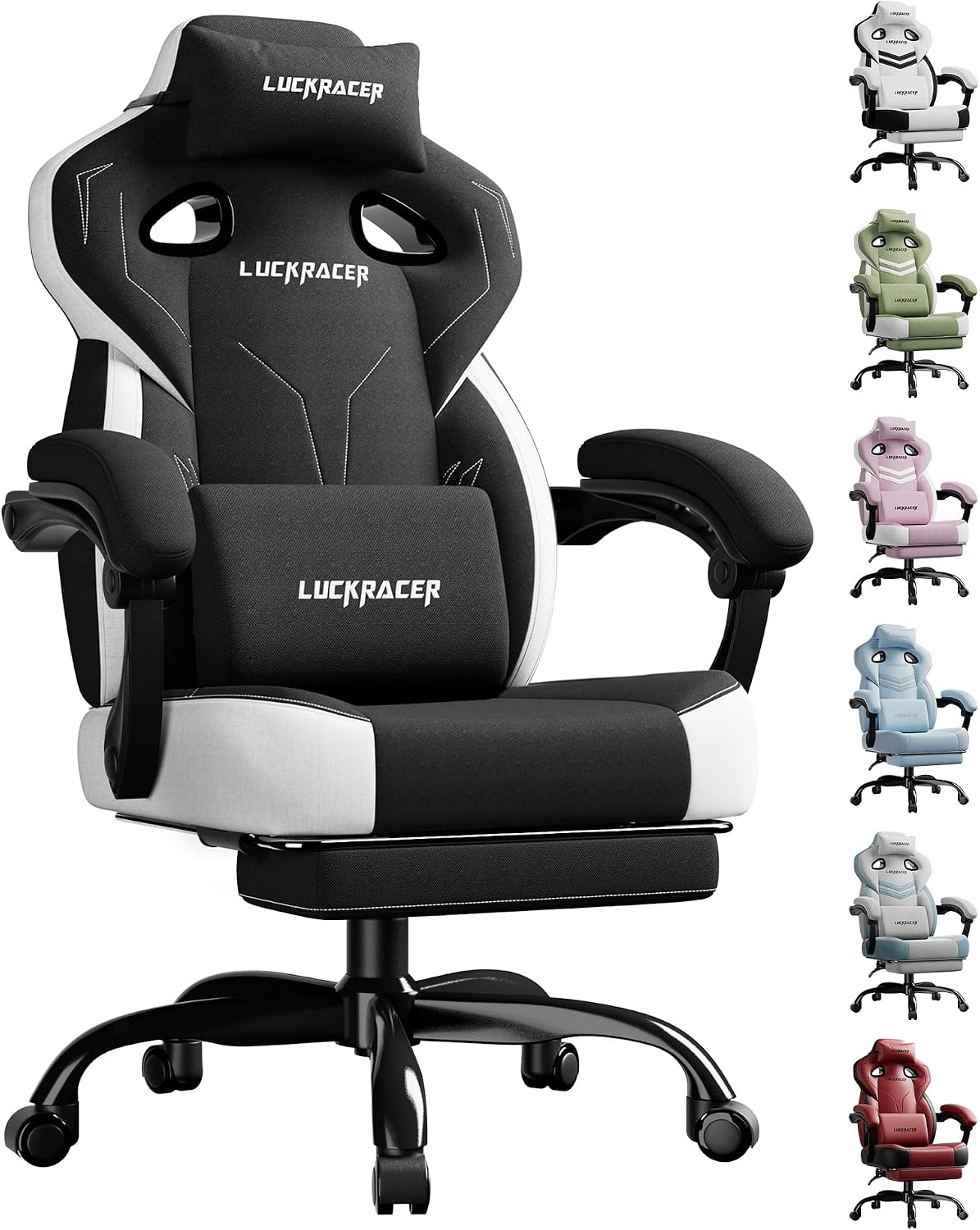 Detalle de LUCKRACER LR408 gamingstoel van stof met traagschuim, voetsteun en verstelbare rugleuning
