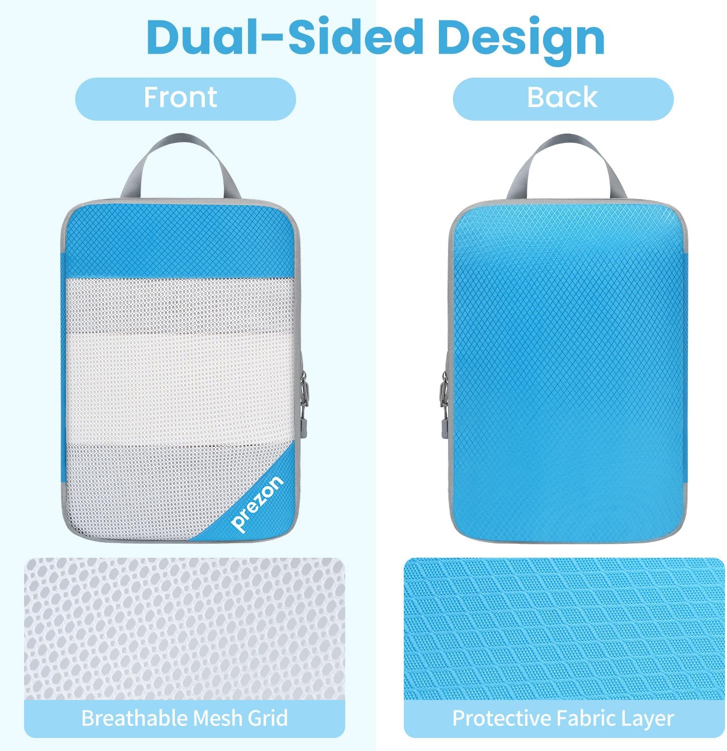 Detalle de Prezon Versatile 6-Set Compression Hollow Packing Cubes (maille transparente, bleu) pour gagner de la place dans vos bagages