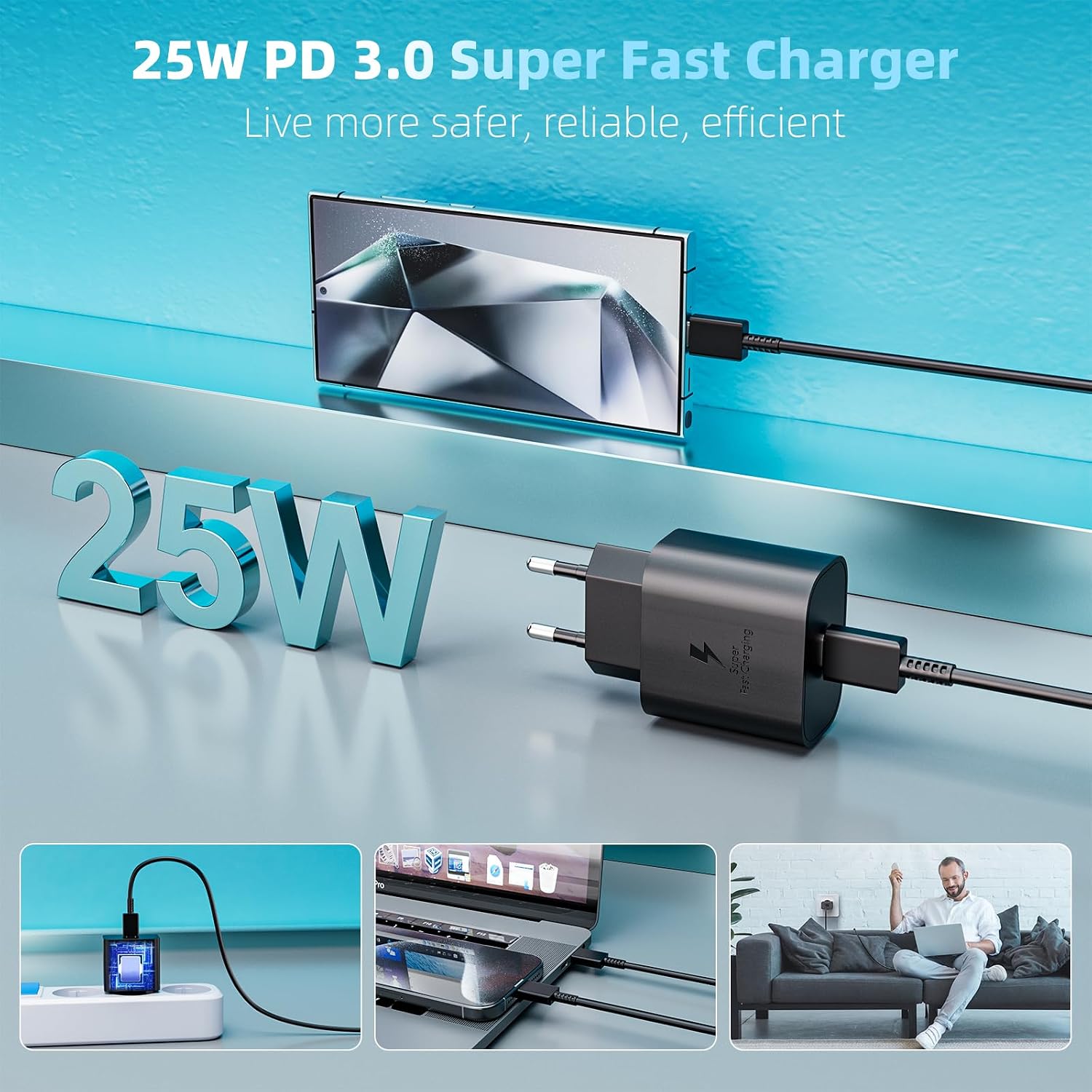 Detalle 2 de 2er-Pack 25W USB-C Ladegerät mit 2 m Kabel – Schnellladegerät für Samsung Galaxy Serie