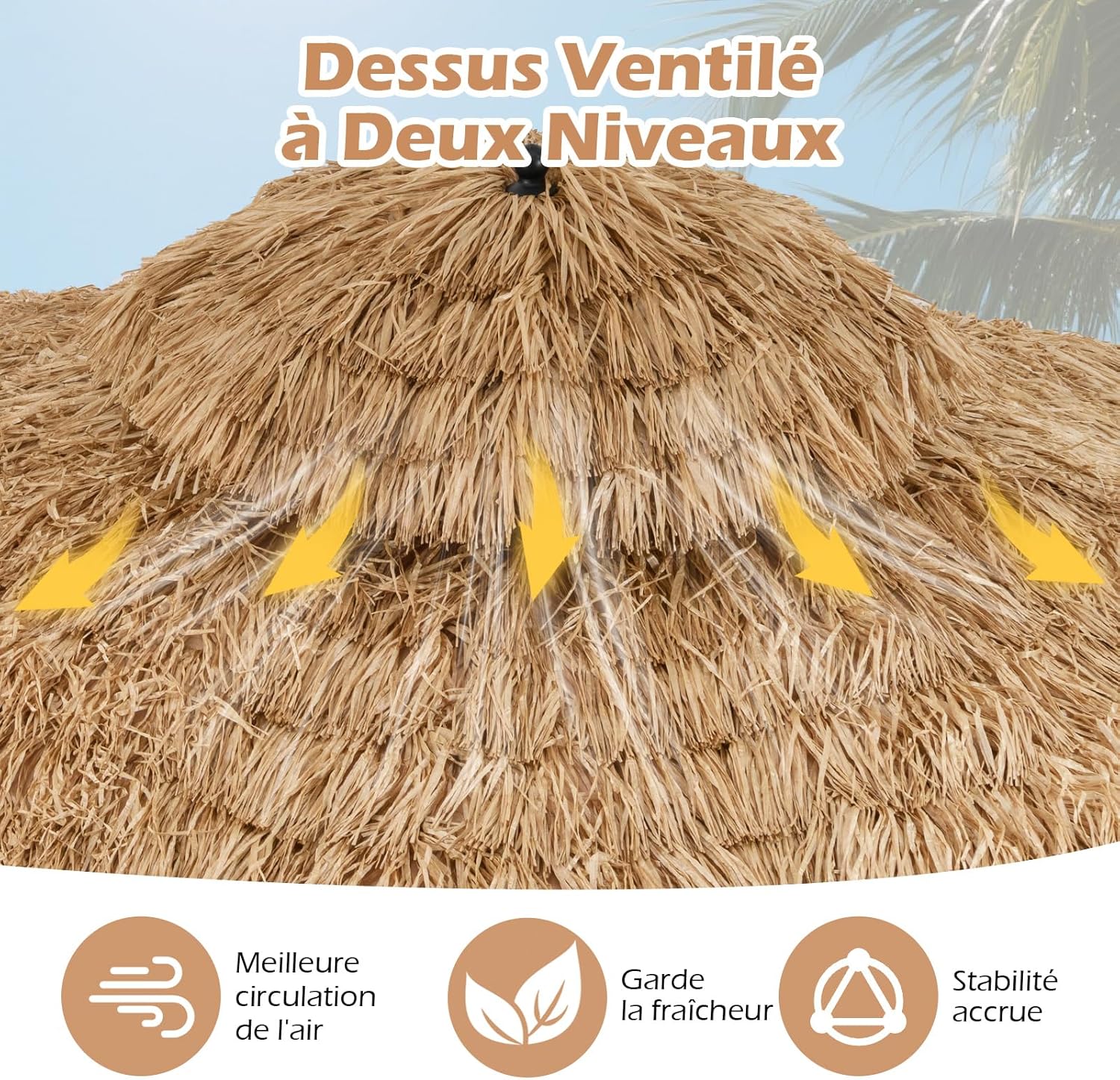 Thumbnail 2 de GOPLUS parasol 3 m en paille PE style hawaïen à double toit inclinable 30°