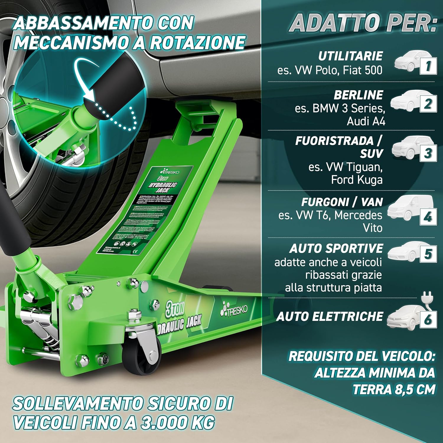 Thumbnail 2 de TRESKO Cric idraulico 3T con doppio pistone, sollevamento 75–510 mm e ruote a 360°