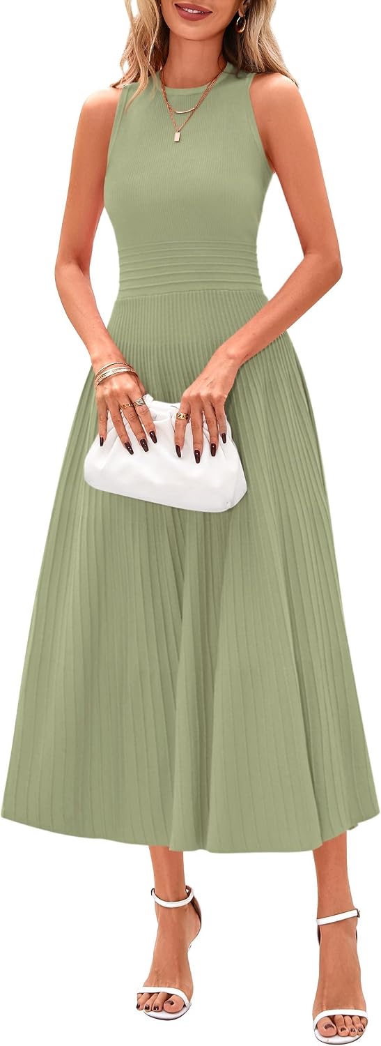 Detalle de PRETTYGARDEN PR930 Women's Pleated Knit Midi Dress, Sleeveless A-Line