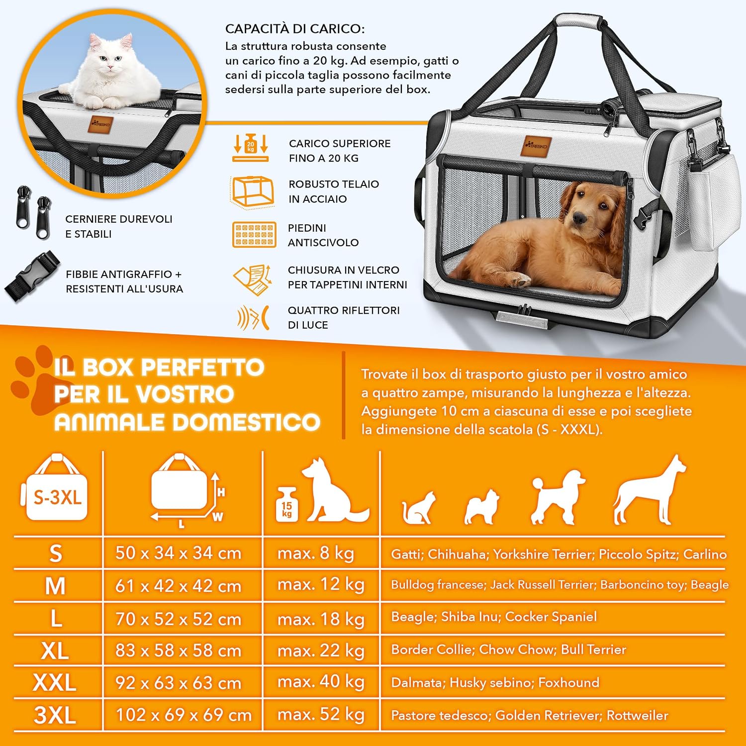 Detalle 2 de TRESKO Box Pieghevole per Cani e Gatti con Tappetino, Spatola e Riflettori M 61 x 42 x 42 cm | Trasportino Auto per Animali di Piccola e Grande Taglia