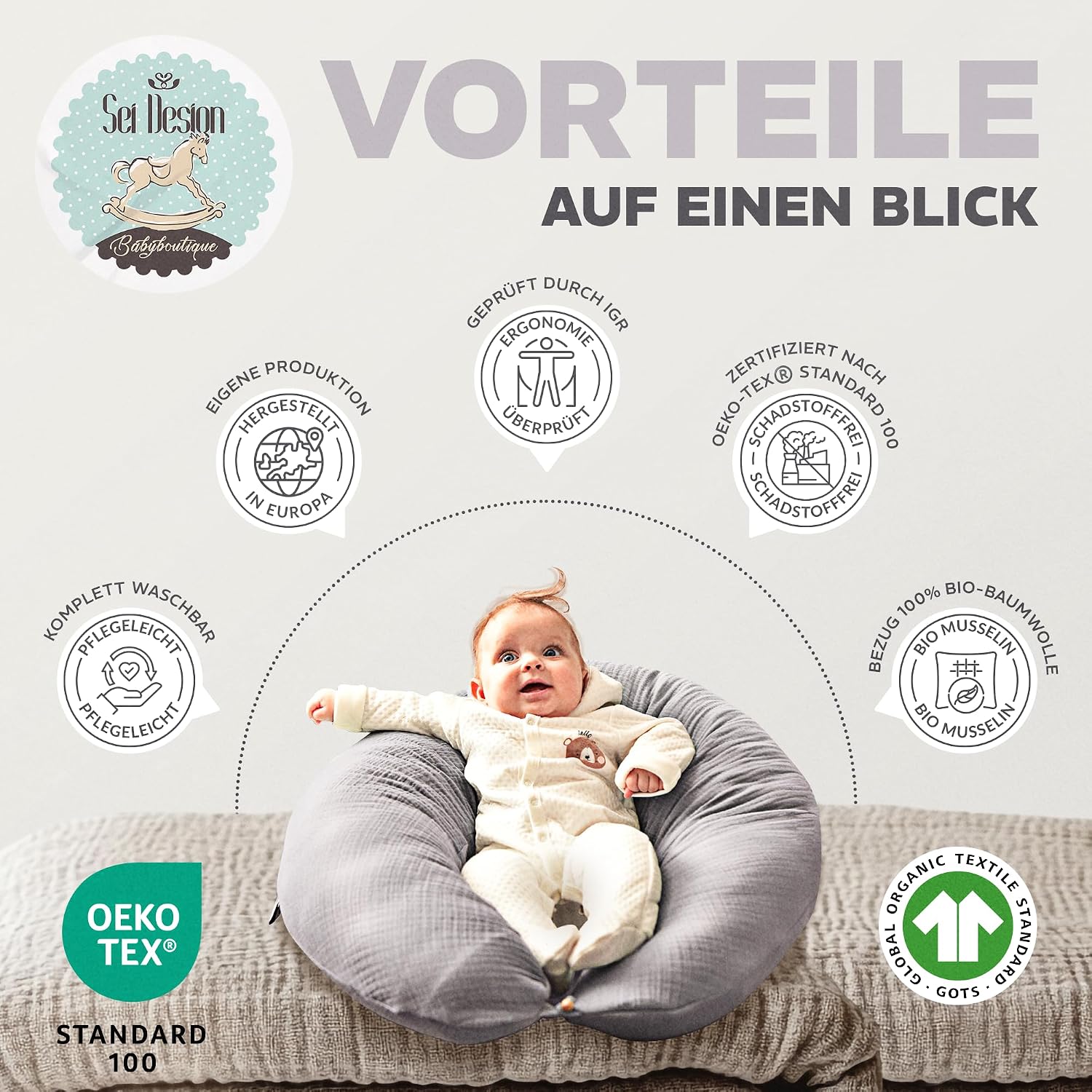 Thumbnail 2 de sei Design XXL Stillkissen 190 cm × 35 cm – ergonomisch mit Musselin-Bezug aus Bio-Baumwolle