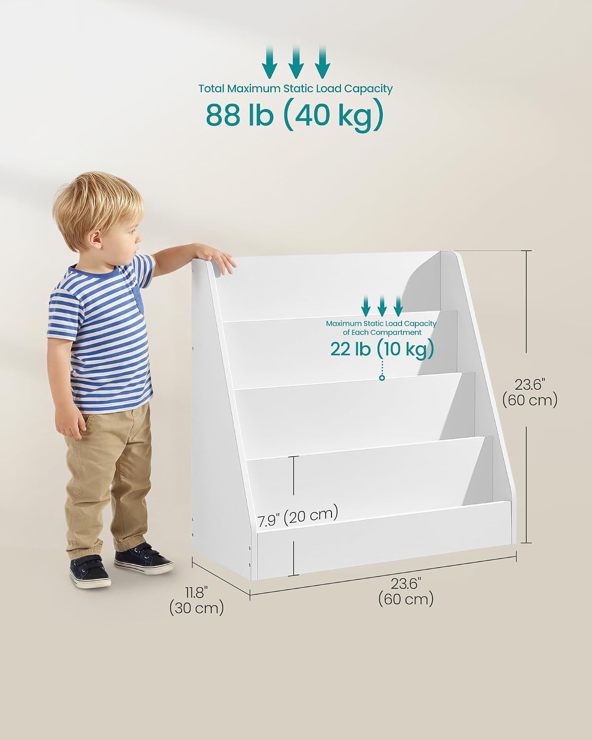 Detalle de SONGMICS CUSTOS GKR074WZ01 4-tier kids’ bookcase, front-facing display