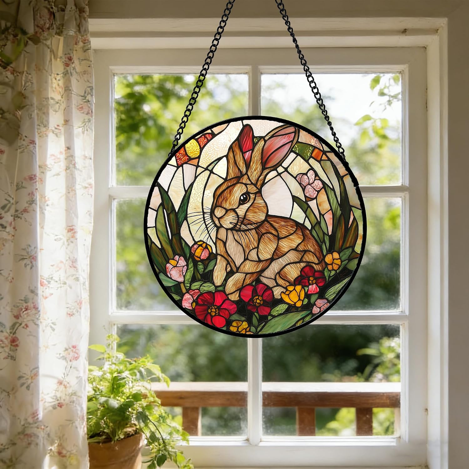 Detalle 2 de AMDERVEN 6.3-Inch Rabbit Glass Window Hanging, Green and Brown Suncatcher