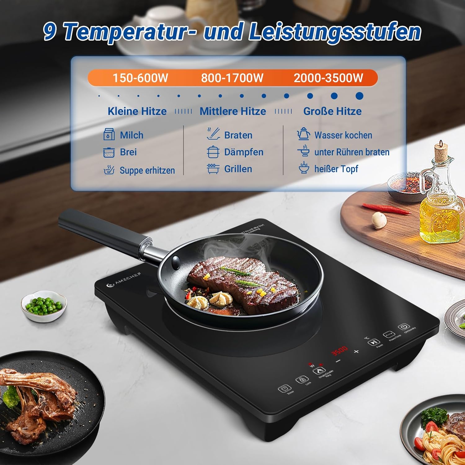 Thumbnail 3 de AMZCHEF Induktionskochplatte einzeln mit Doppelring, 3.500 W – 1 Platte, 9 Leistungs- und Temperaturstufen