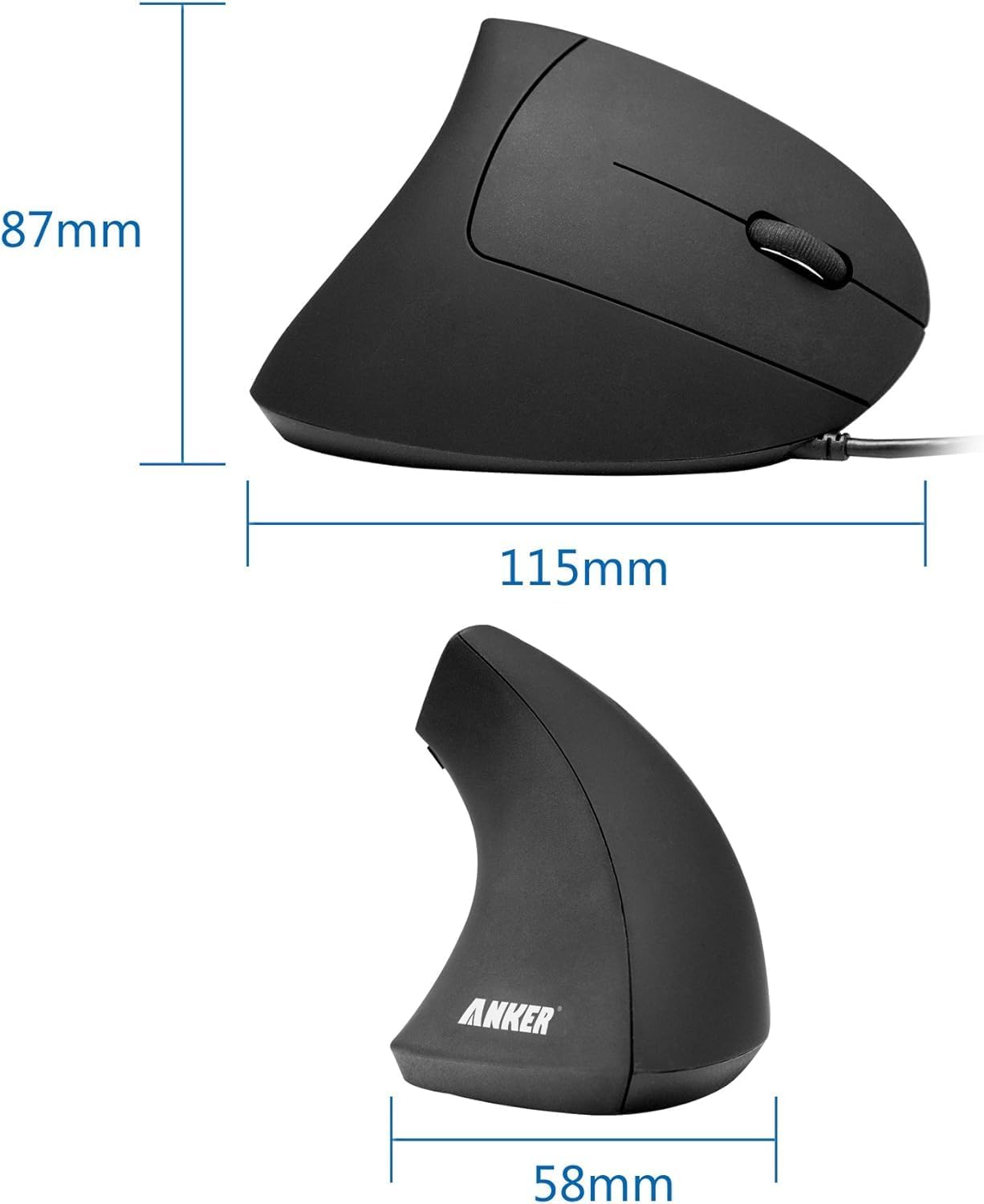 Detalle 2 de Anker Ergonomic Vertical Mouse, USB Wired, Optical, 1000/1600 DPI, Black