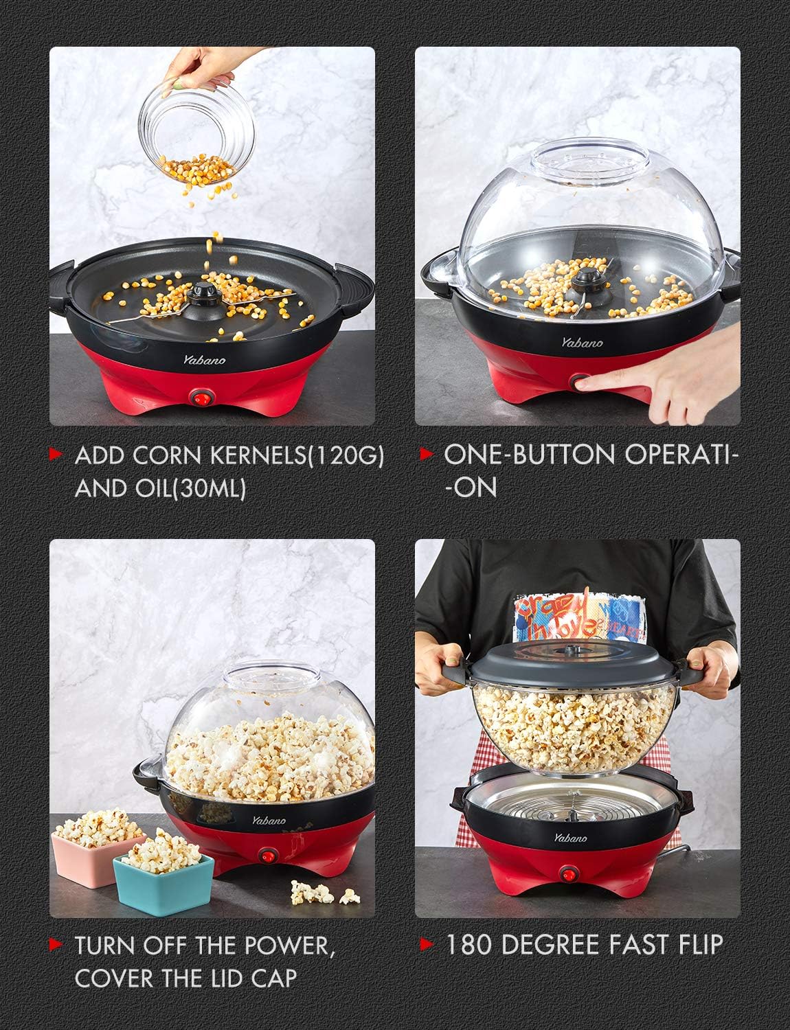 Thumbnail 5 de Yabano Popcorn Maker Machine (5L) with electric stirring, nonstick plate and cool-touch handles – 800W, Red