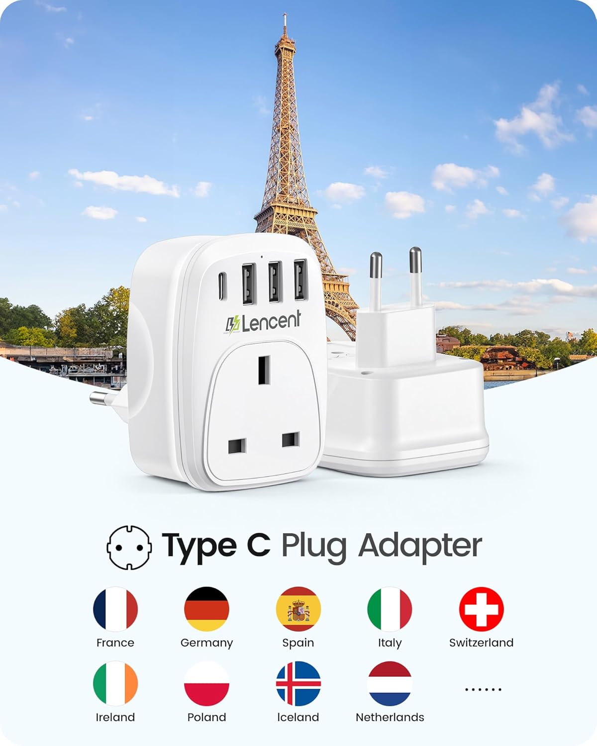 Detalle 2 de LENCENT UK to Italy Travel Adapter with 3 USB ports and 1 USB‑C ⚡