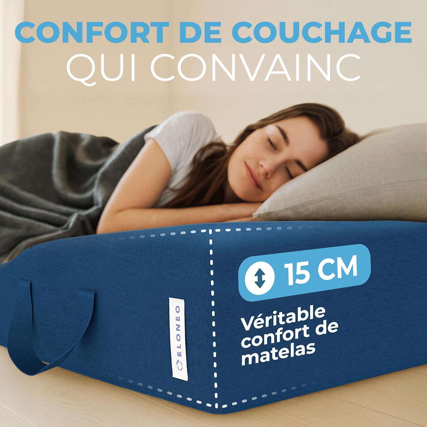 Detalle de ELONEO Matelas Pliant 90x200 cm – Matelas d'appoint pliable en 3 parties, mousse 15 cm, lavable et pliable en cube