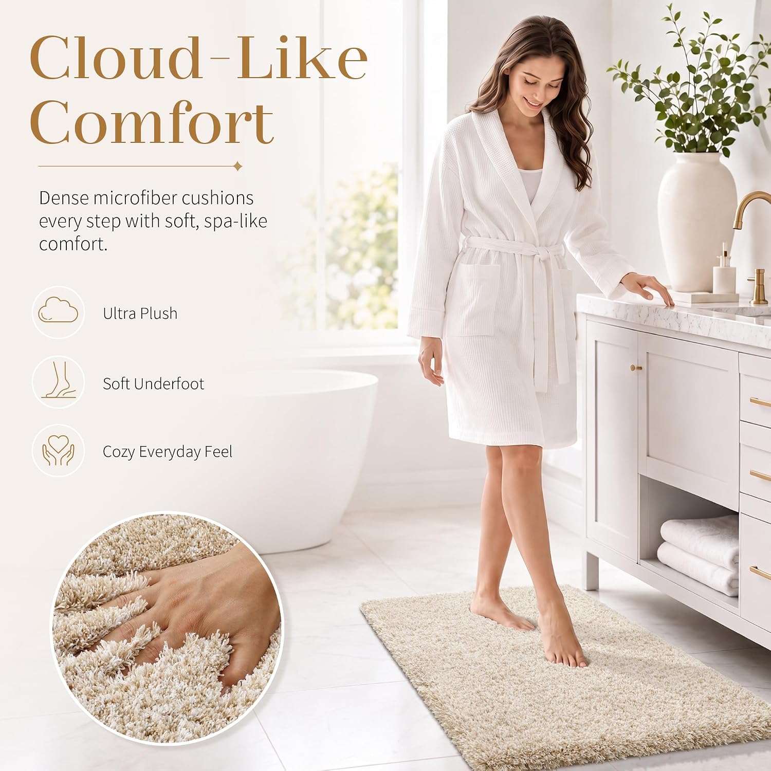 Detalle 2 de Yimobra 36x24 Plush Bathroom Rugs Non-Slip Washable Bath Mat (Light Beige and White)