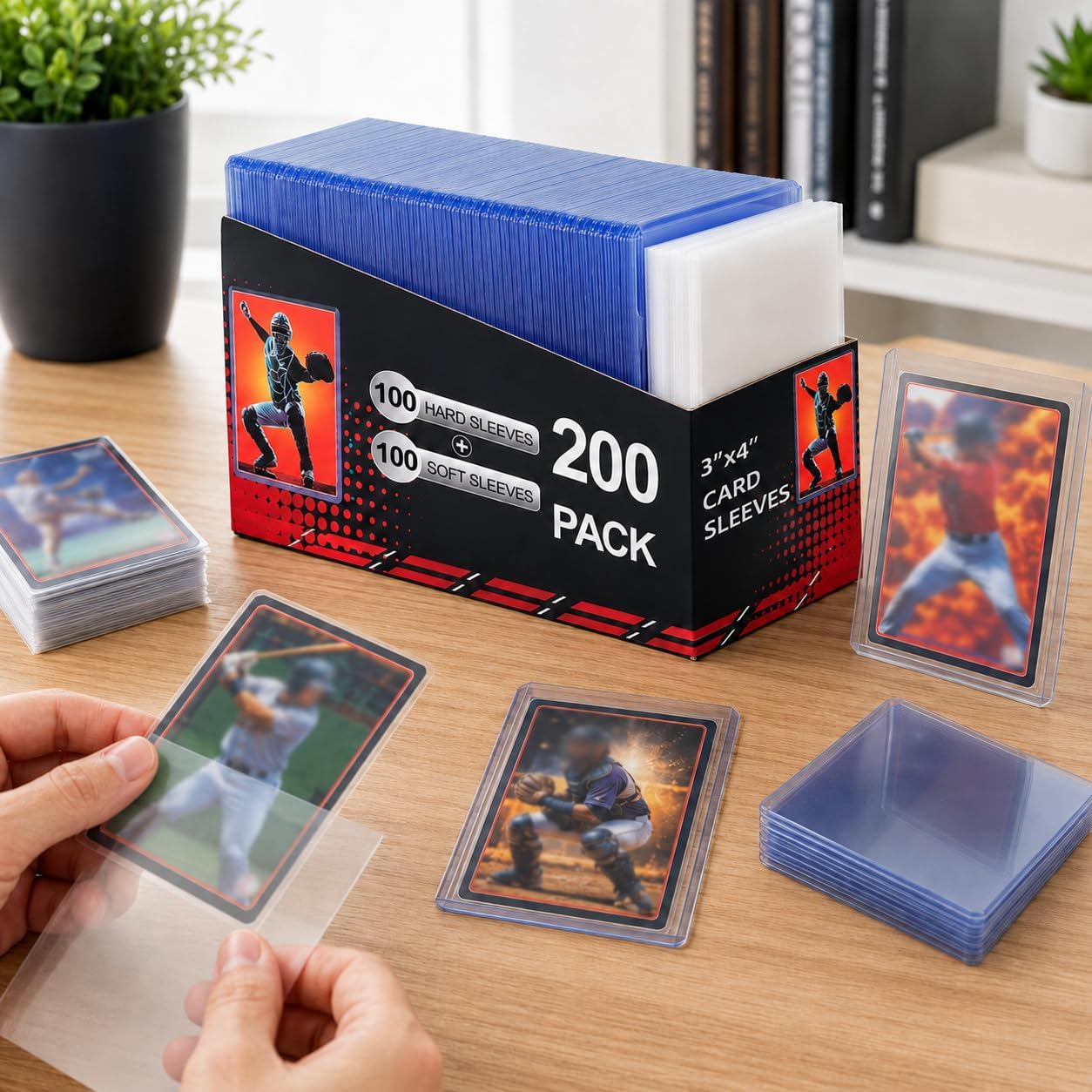Detalle de 400 Card Sleeves: Clear Hard Sleeves for Cards (3" x 4"), Blue, 200 Hard Sleeves + 200 Penny Sleeves