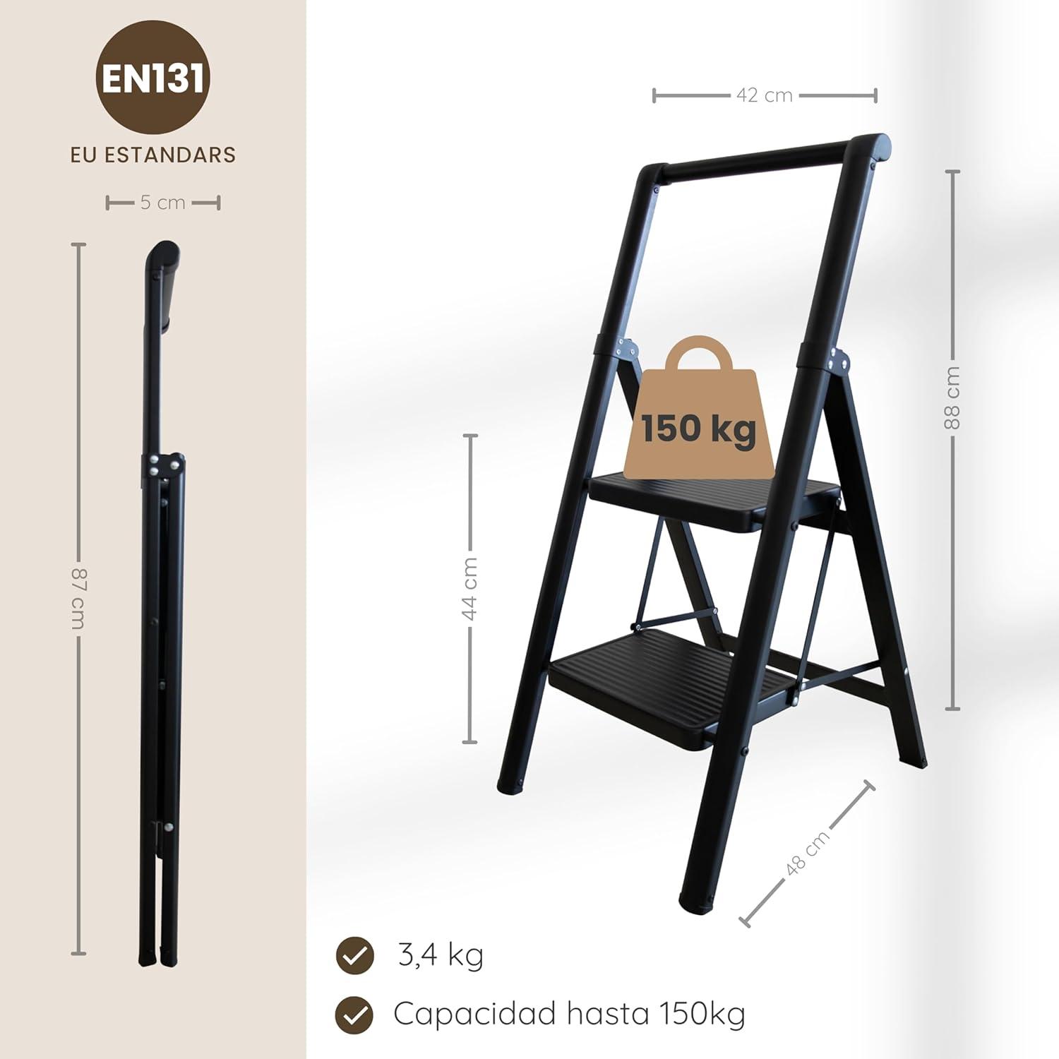Detalle 2 de UABA Escalera Plegable 3 Peldaños Negra