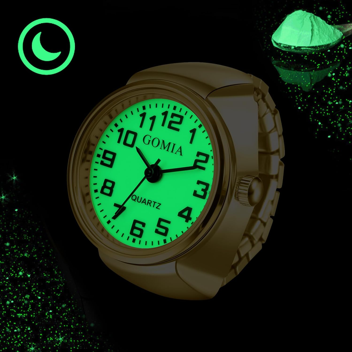 Detalle de JewelryWe Ringuhr Fingeruhr mit elastischem Zugband – grünleuchtendes Zifferblatt, Quarzuhrwerk