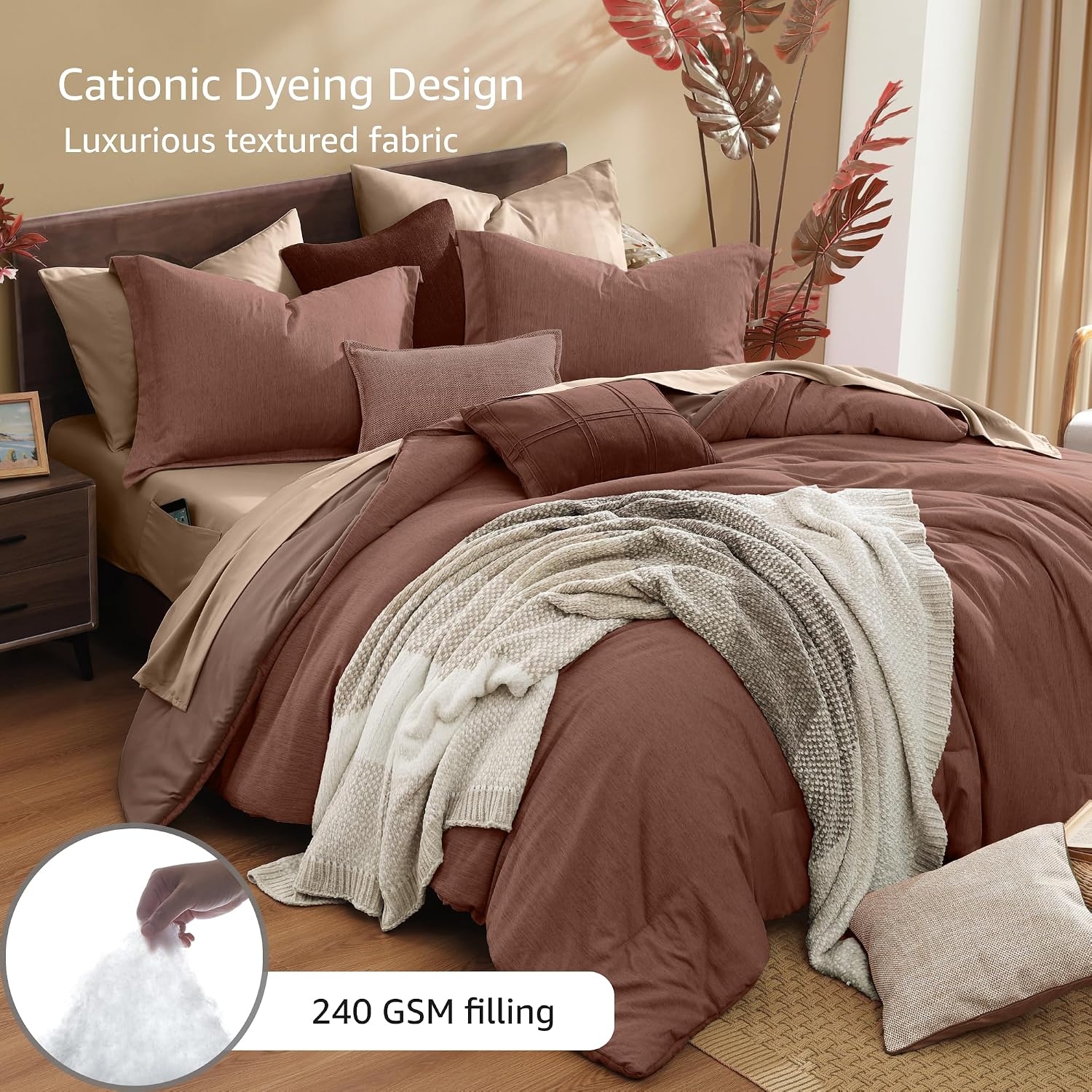 Detalle de Monbix Full Comforter Set, 7 Pieces, Terracotta, Reversible All-Season Bedding