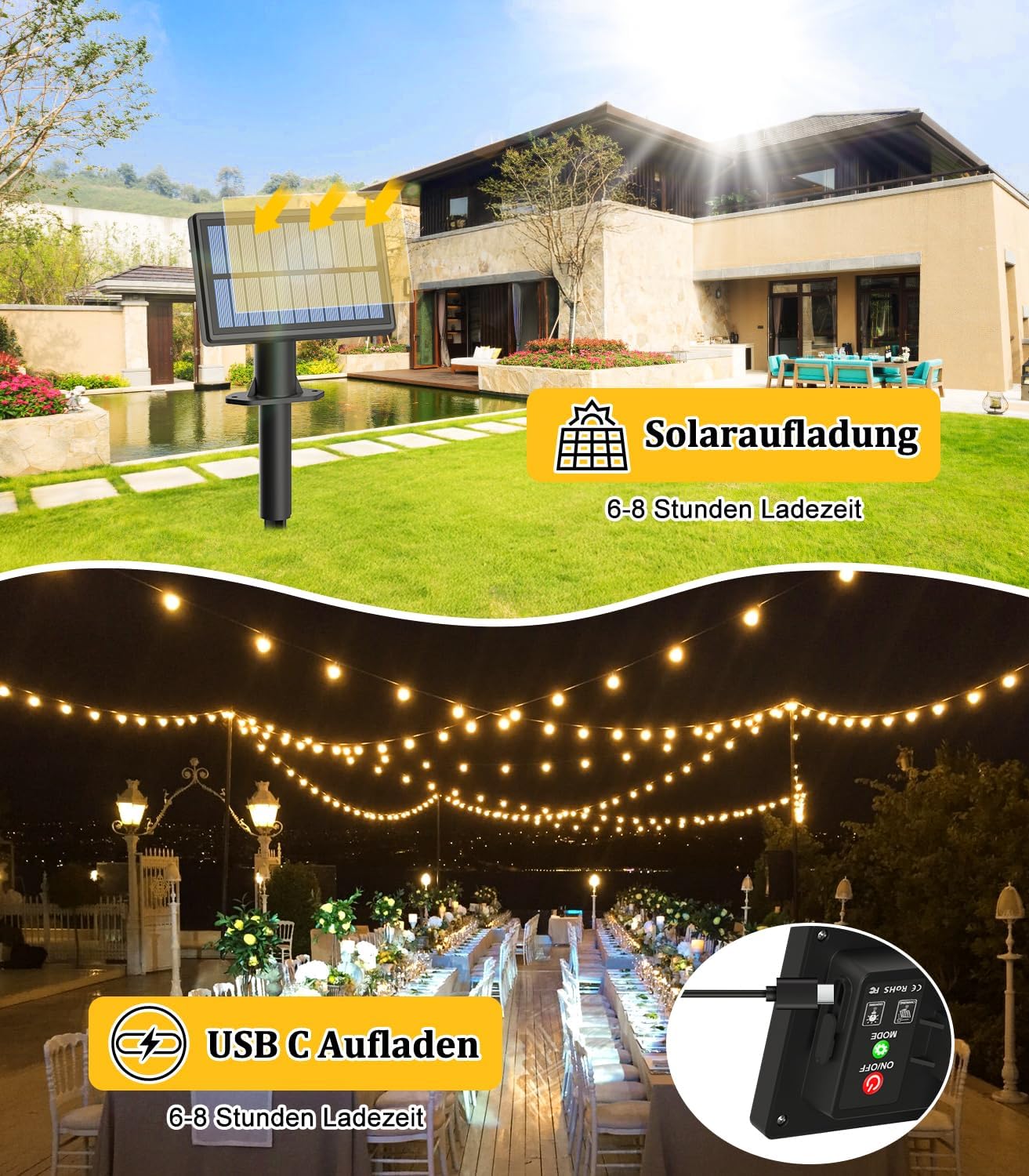 Thumbnail 1 de Solar-Fernbedienung LED-Lichterkette für außen (15 m) mit G40-Lampen, 3 Lichtmodi & IP44