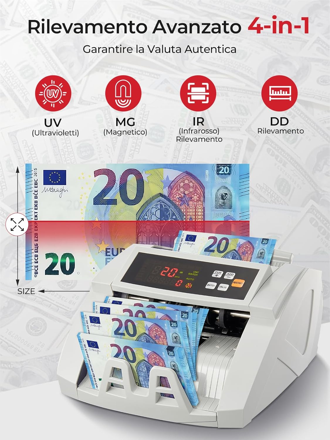 Thumbnail 1 de FOHERE Macchina conta banconote professionale con rilevamento falsi UV/MG/IR/DD fino a 1.100 banconote al minuto