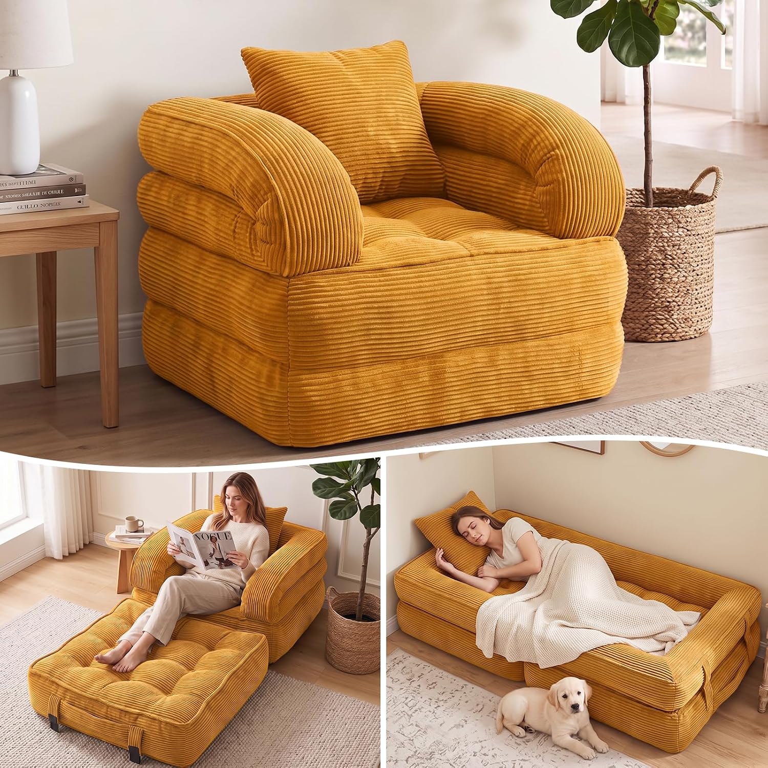 Detalle de CUBIOU Y8022-Orange 3-in-1 Corduroy Folding Sofa Bed