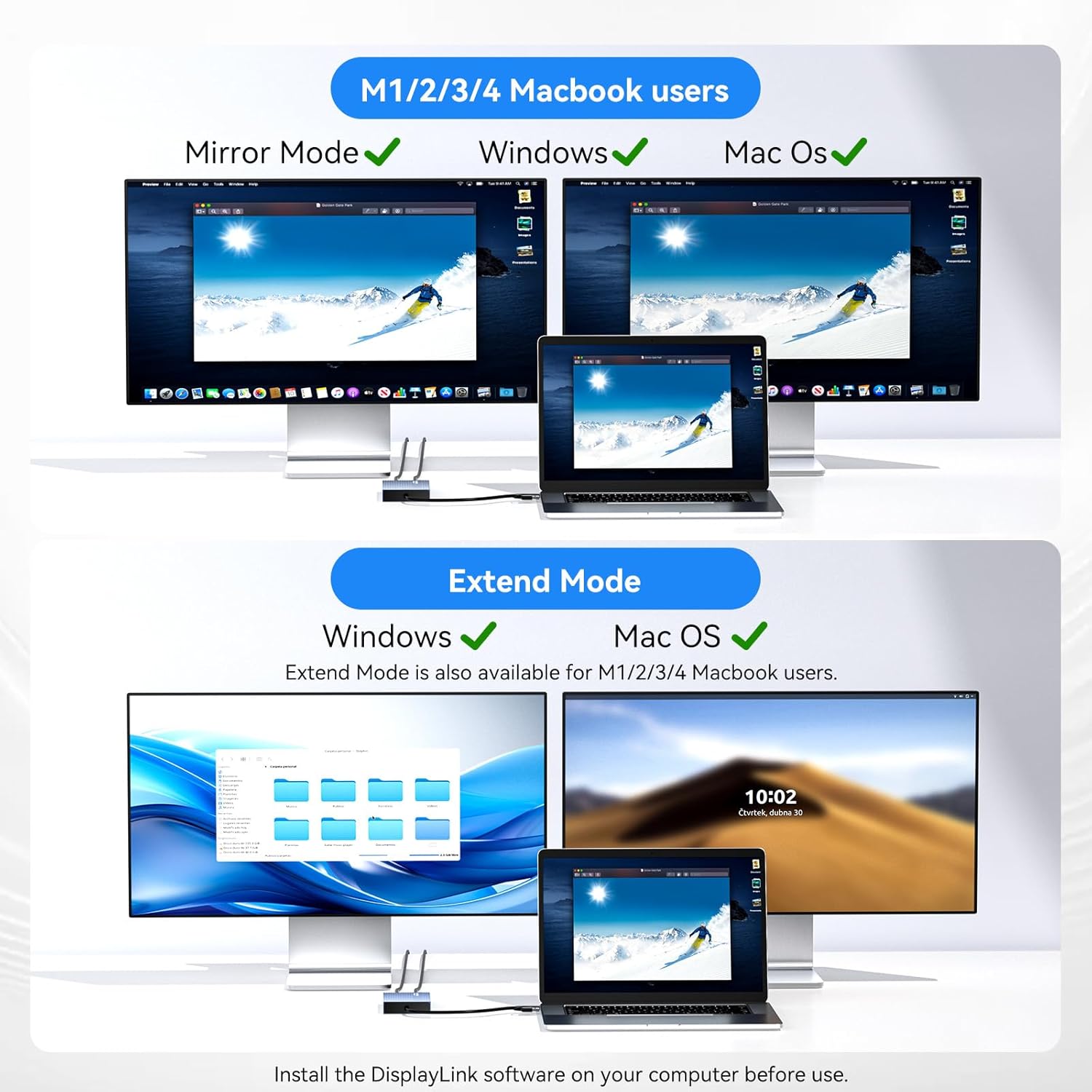 Thumbnail 4 de ACASIS USB-C to Dual HDMI DisplayLink Docking Station (4K@60Hz) with 2 HDMI outputs, 3 USB-A ports, and 100W PD charging