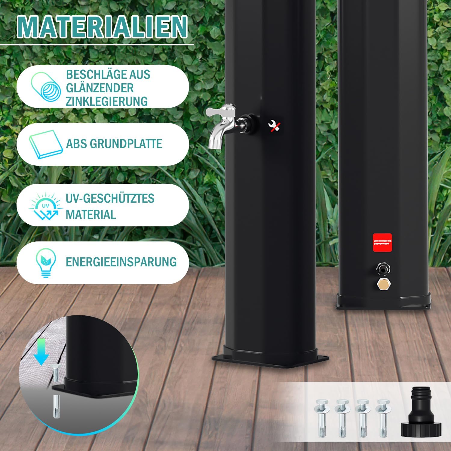 Thumbnail 3 de Randaco Solardusche Solar Gartendusche – 40 L, bis zu 60°C, ohne Strom, 360° Duschkopf, Fußhahn, Schwarz