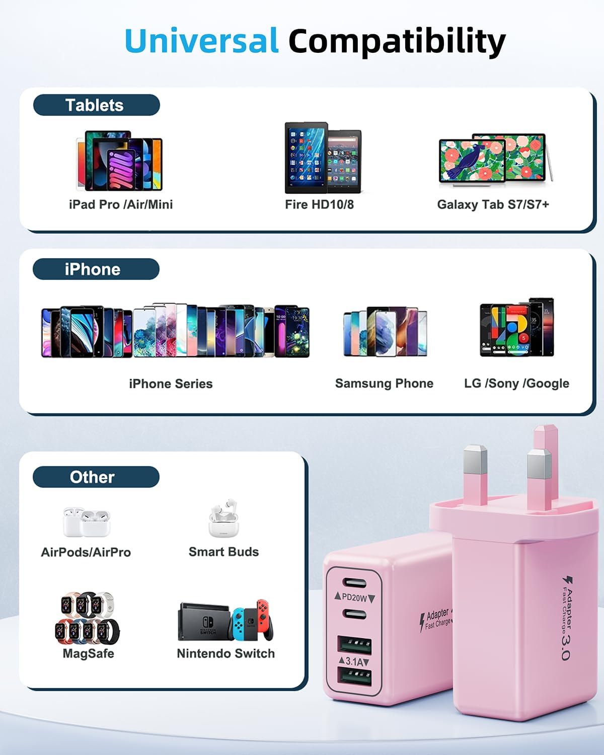 Thumbnail 5 de 2-Pack USB C Plug Fast Charge: 40W 4-Port UK Charger Plug (Dual USB-C & USB-A)
