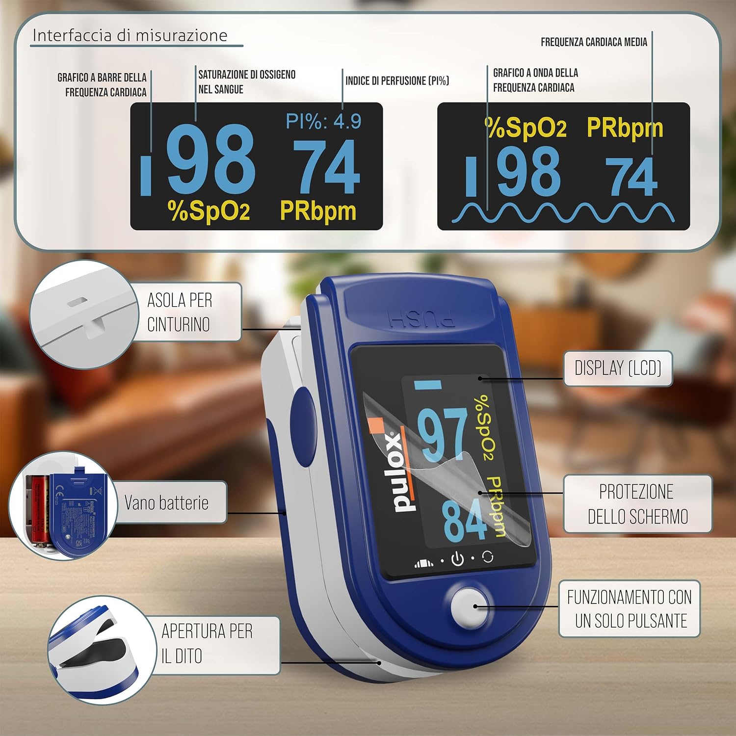 Detalle 2 de Pulox PO-200 Pulsossimetro: misurazione SpO2, frequenza cardiaca e PI in modo semplice