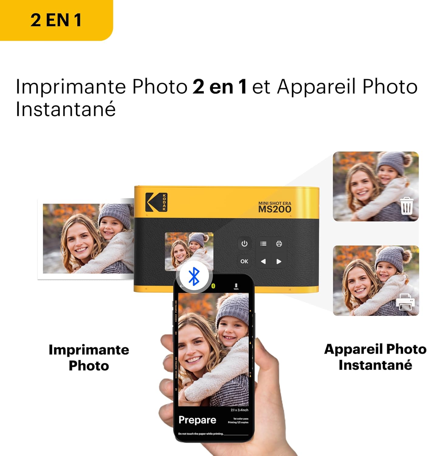 Thumbnail 2 de KODAK Mini Shot 2 Era 4PASS 2‑in‑1 : Appareil photo instantané et imprimante photo portable (Jaune, 38 feuilles)