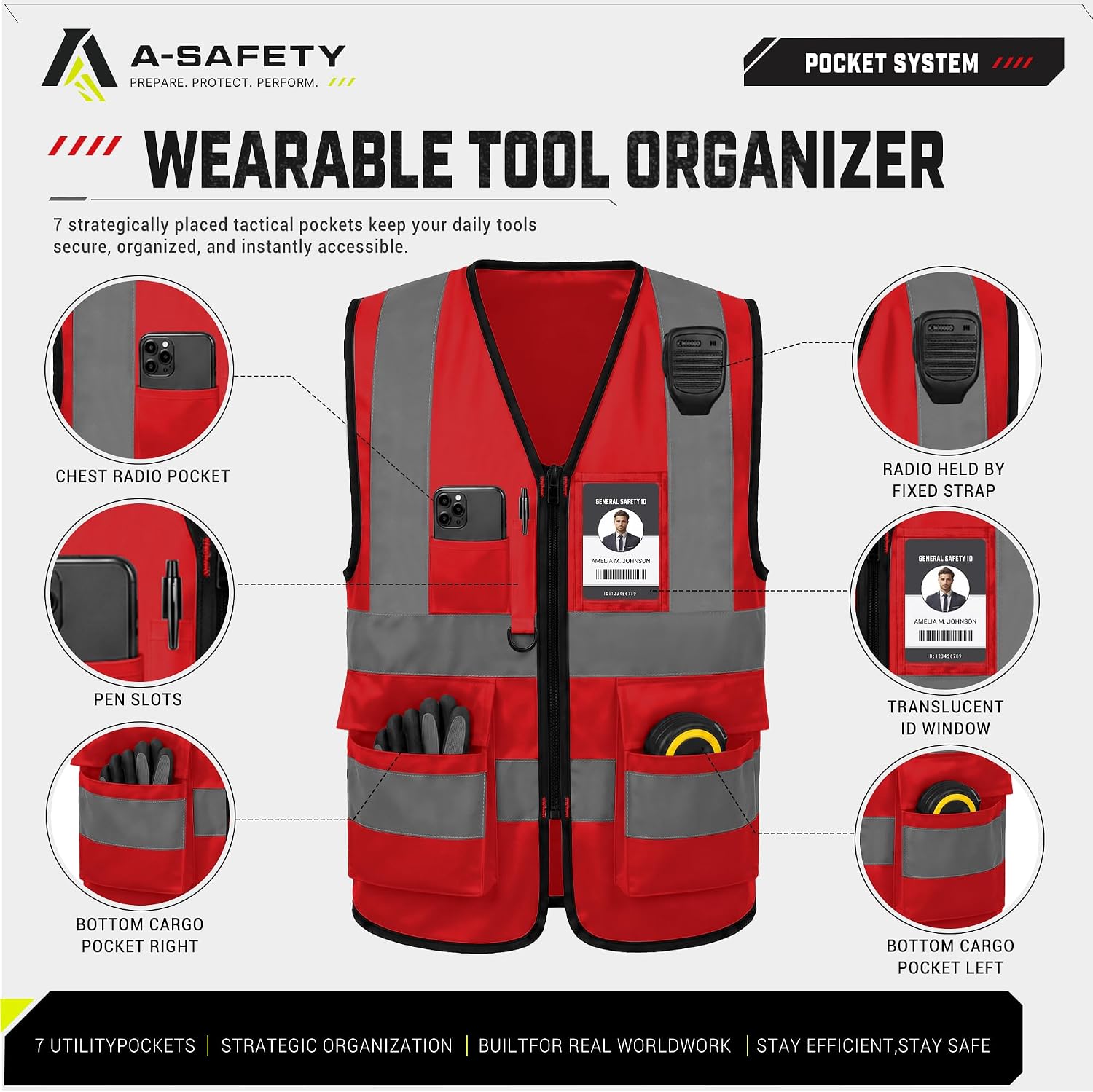 Detalle 2 de A-SAFETY Red M Safety Vest with Reflective Strips and 7 Utility Pockets