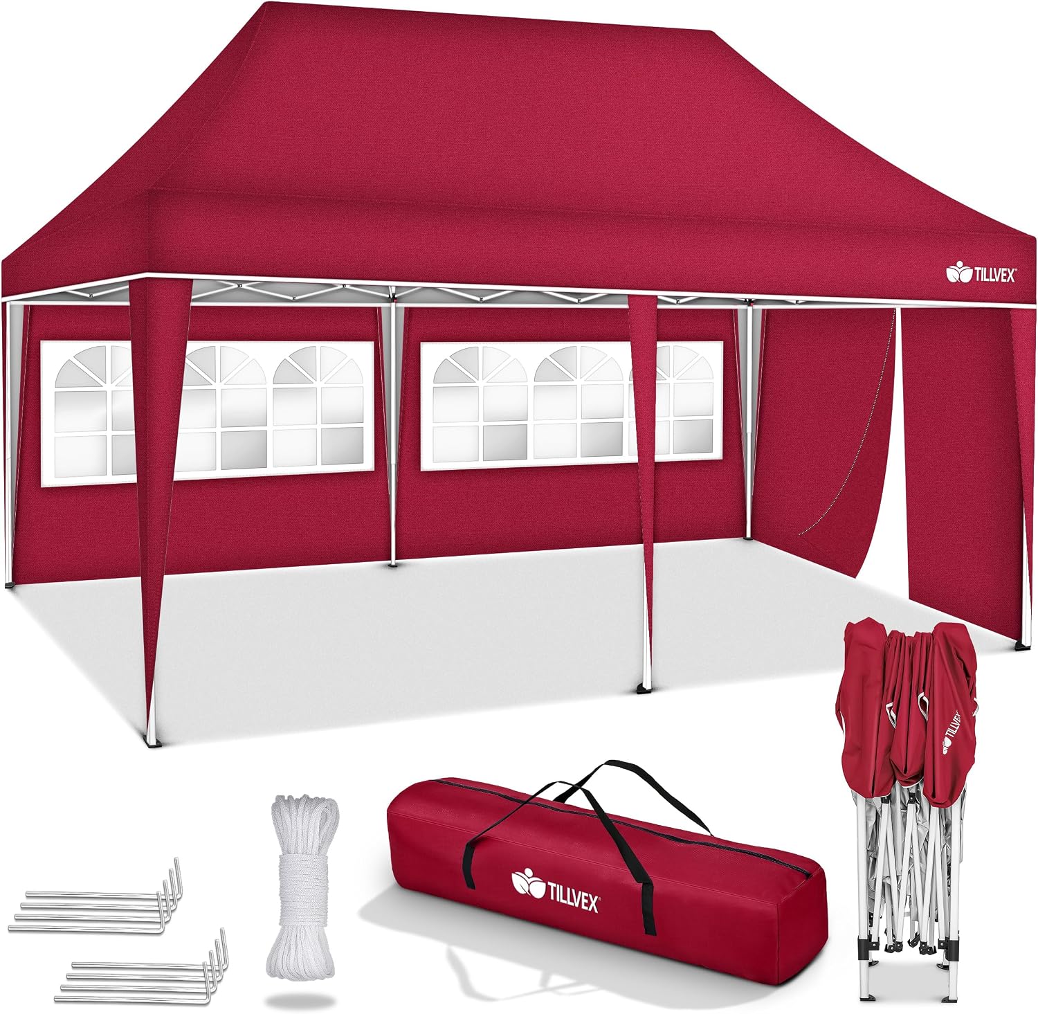 Tonnelle de jardin pop-up tillvex 3 x 6 m rouge, protection UV 50+ réglable en hauteur