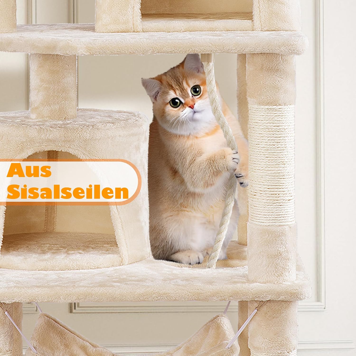 Thumbnail 6 de Yaheetech Kratzbaum 158 cm mit 2 Katzenhäusern, 2 Plattformen und Sisal-Seil (beige)
