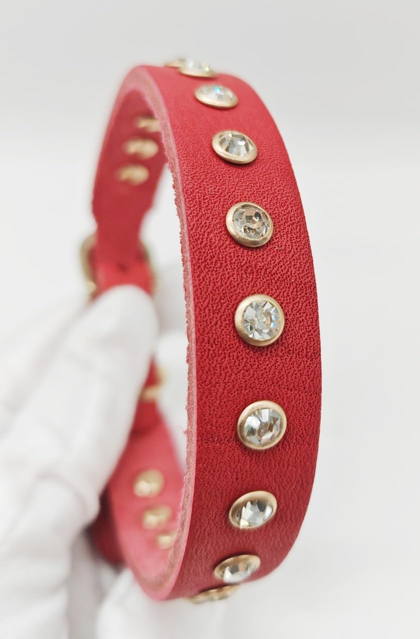 Detalle de YUDOTE Genuine Red Leather Dog Collar with Rhinestones – Adjustable Bling Collar for Small Dogs