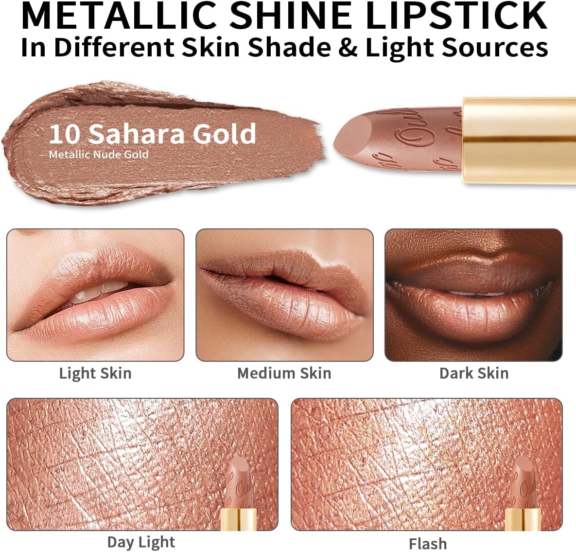 Detalle de OULAC Nude Metallic Lipstick Kit — Shimmer & High Pigment (3pcs): Metallic Shine, Hydration & Diamond Gloss