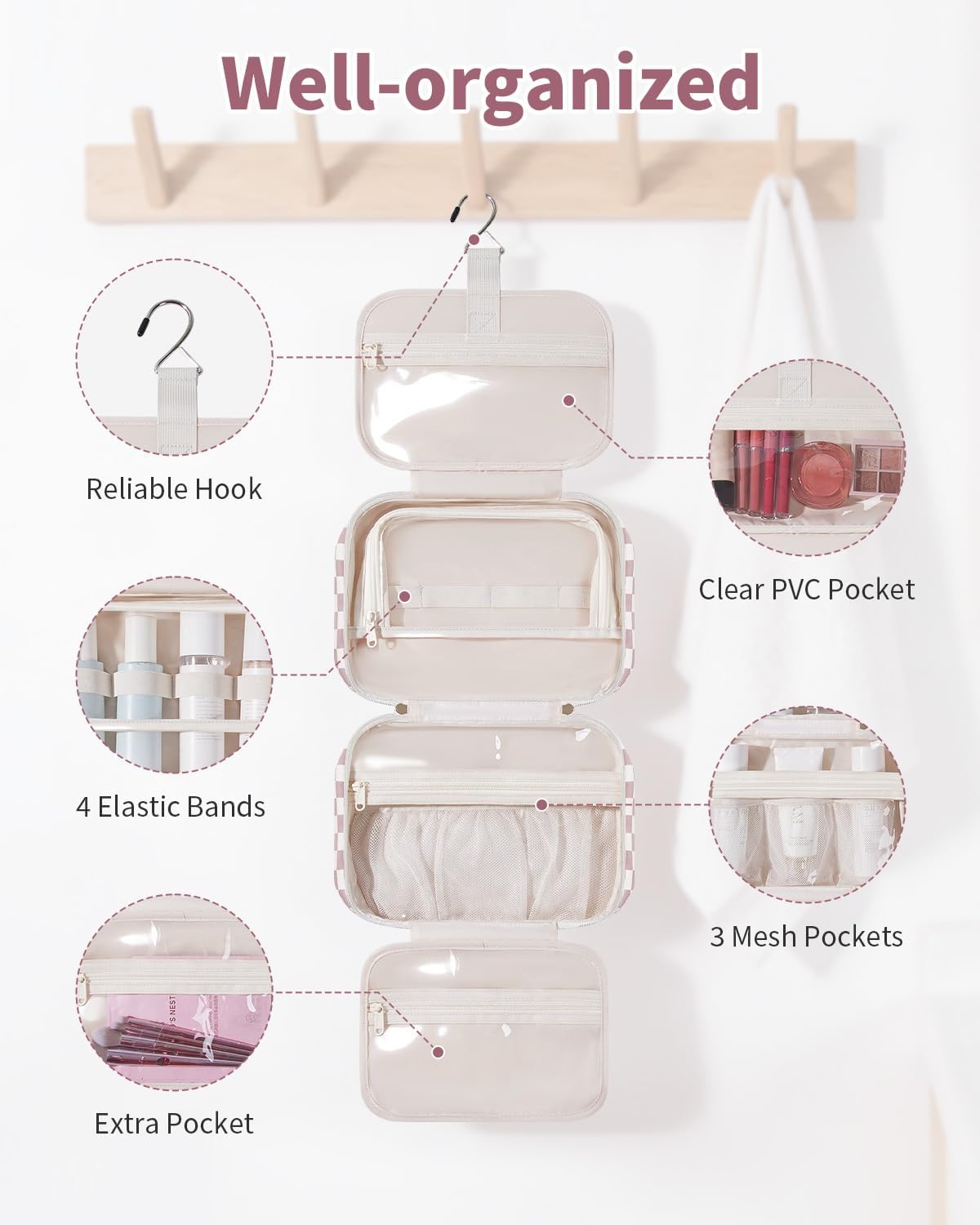 Detalle de Narwey Hanging Toiletry Bag (Dusty Pink Checkerboard-M) – Large