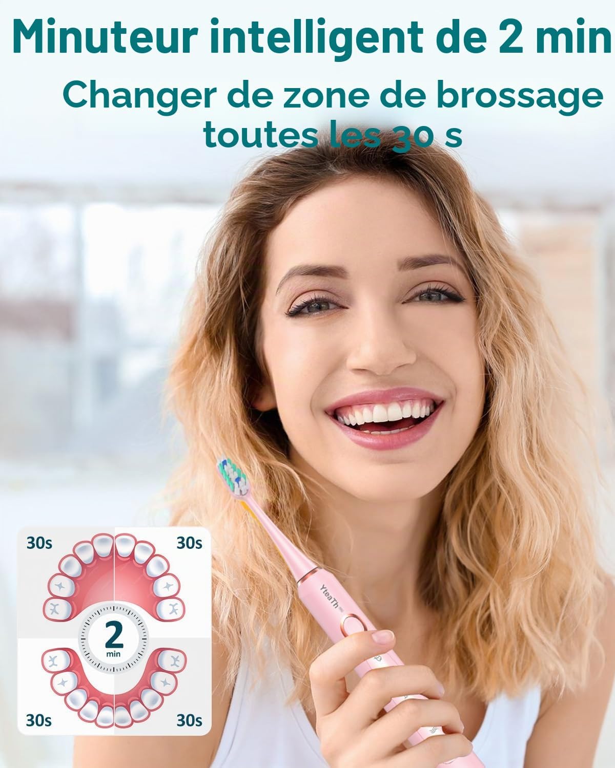 Thumbnail 6 de Brosse à dents électrique sonique pour dents sensibles (adultes & enfants) Rose Bonbon — 5 modes, 8 têtes et étui de voyage, IPX7