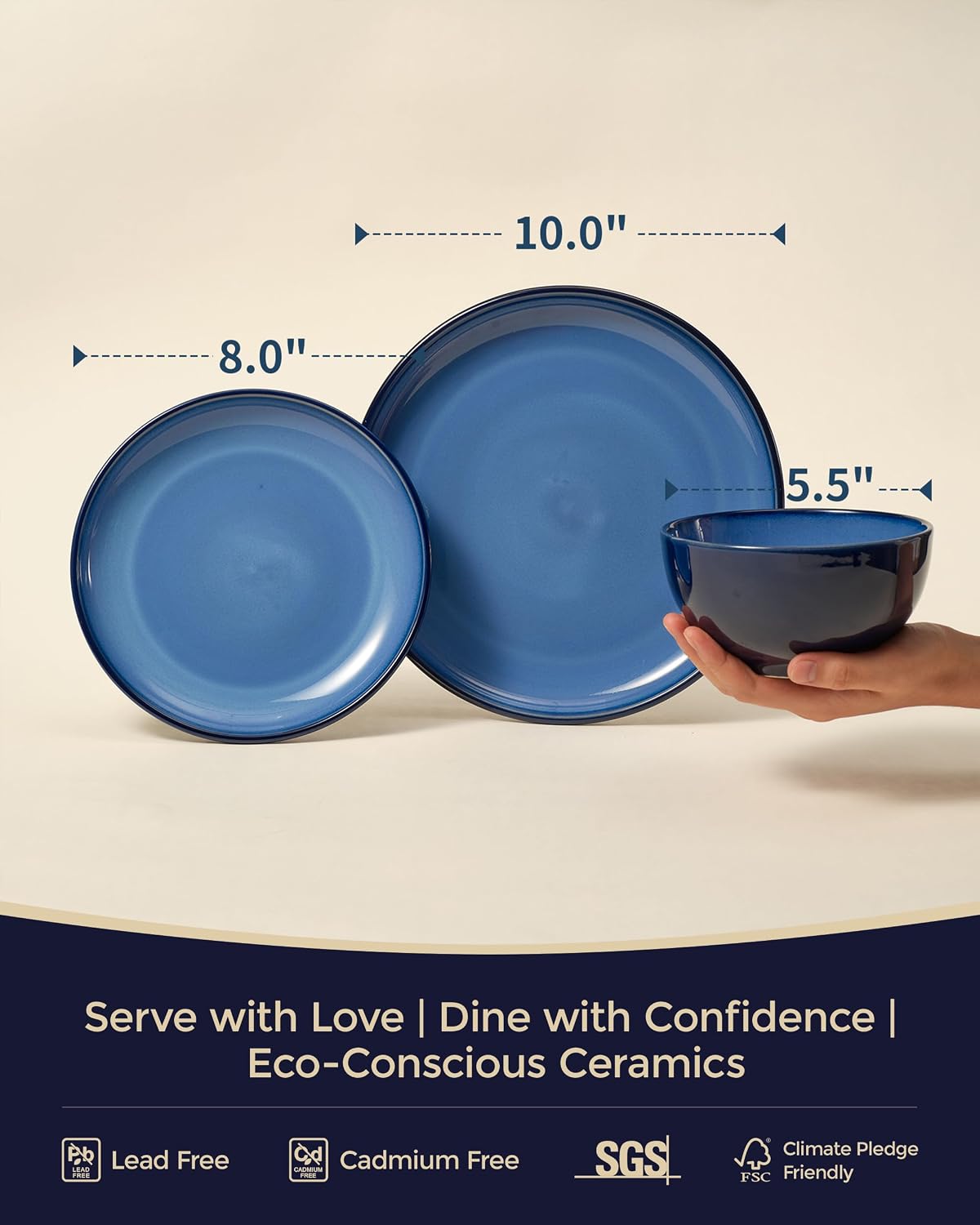 Detalle 2 de Pokini Blue Stoneware Dinnerware Set, 12 pcs — Reactive Glaze Plates & Bowls for 4