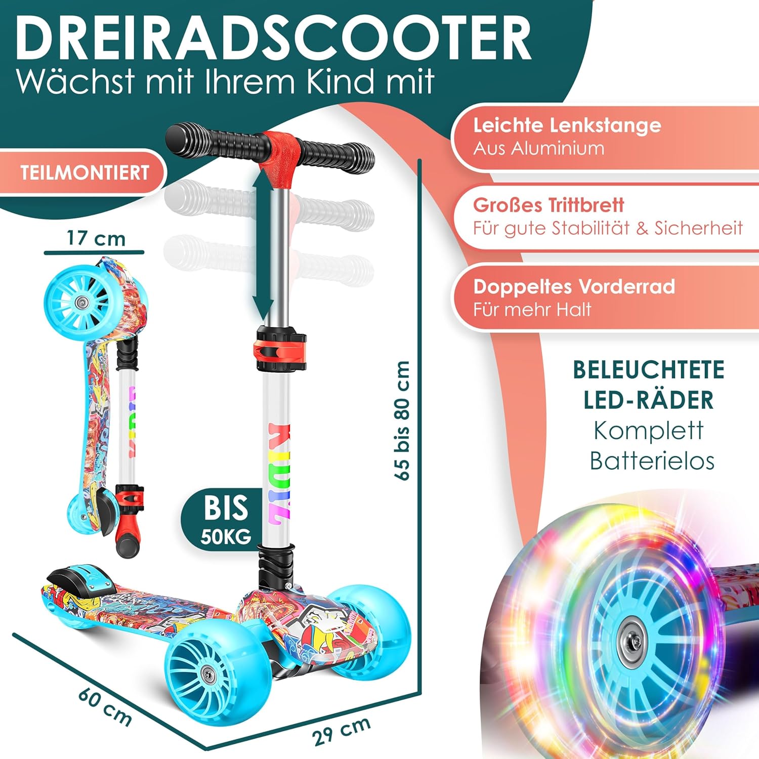 Thumbnail 1 de KIDIZ X-Pro2 Dreiradscooter für Kinder (3–12 Jahre) mit faltbarem Design, PU LED-Rädern und höhenverstellbarem Lenker