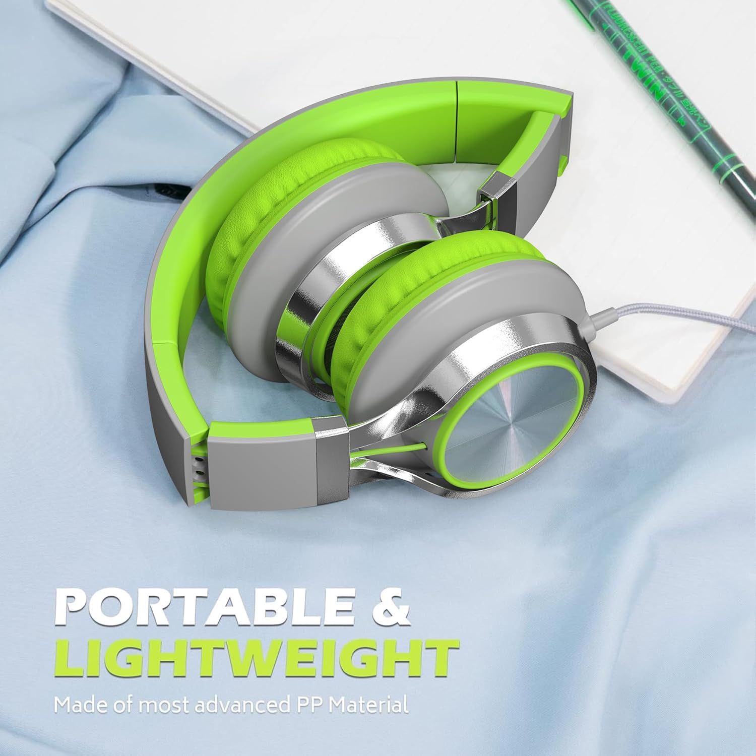 Thumbnail 4 de Ailihen C8 Foldable 3.5mm Headphones with Microphone & Volume Control (Grey/Green)