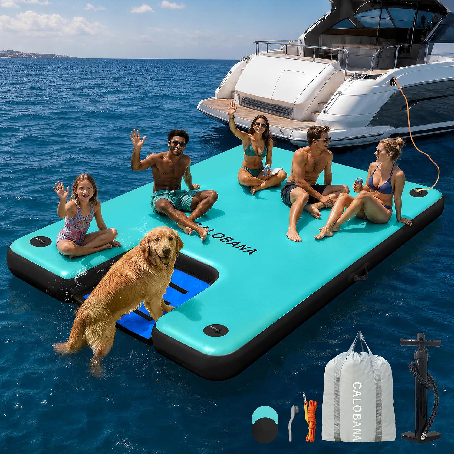 Detalle de CALOBANA Inflatable Floating Dock with Dog Ramp — 6x10 ft Platform for Adults & Pets