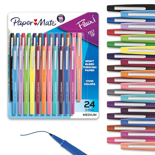 Paper Mate Flair Felt Tip Pens, Medium Point (0.7mm), 24-Color Assortment