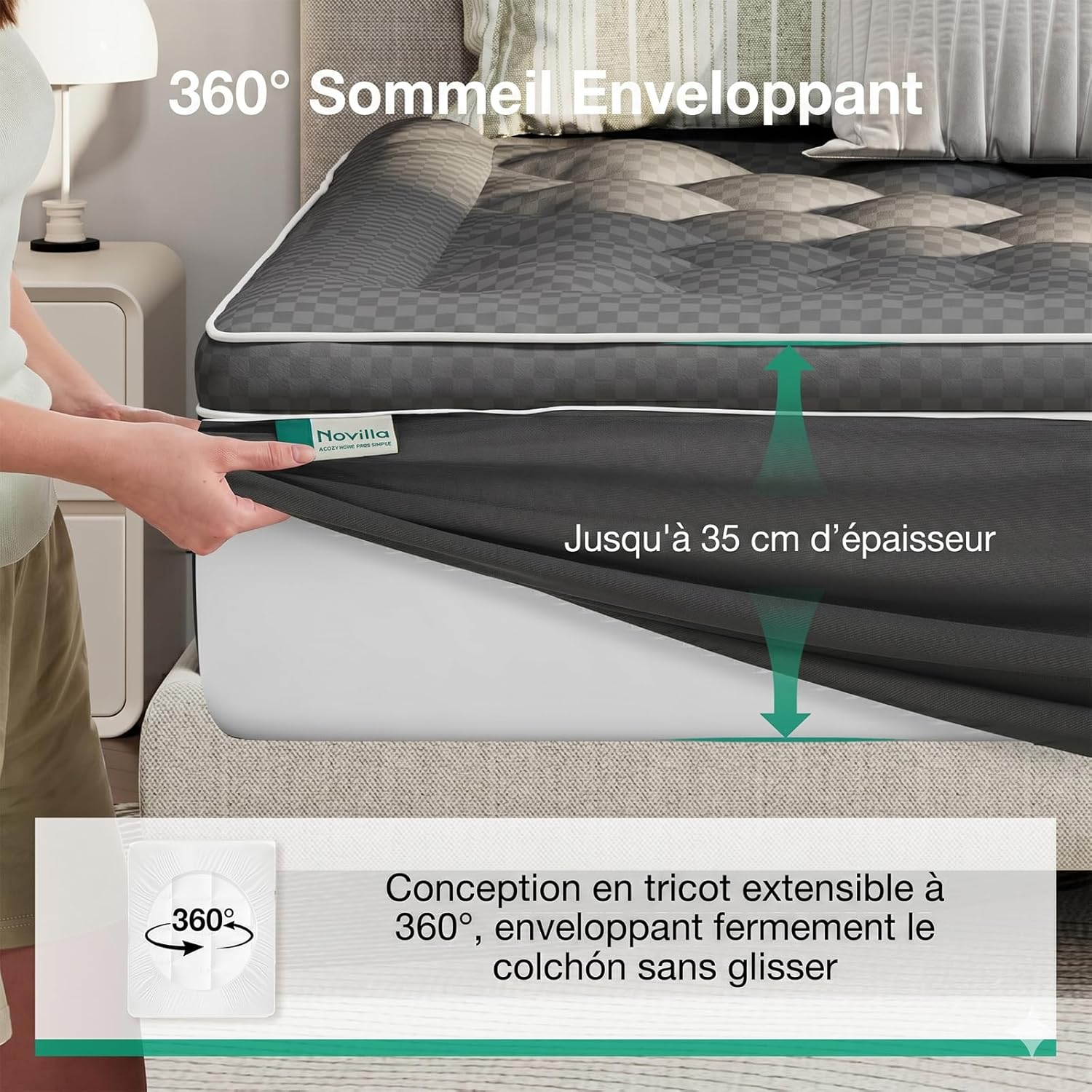 Detalle de Novilla Surmatelas 140x190 cm – Surmatelas 3D en Microfibre, respirant et rafraîchissant, poche 30 cm, Gris foncé
