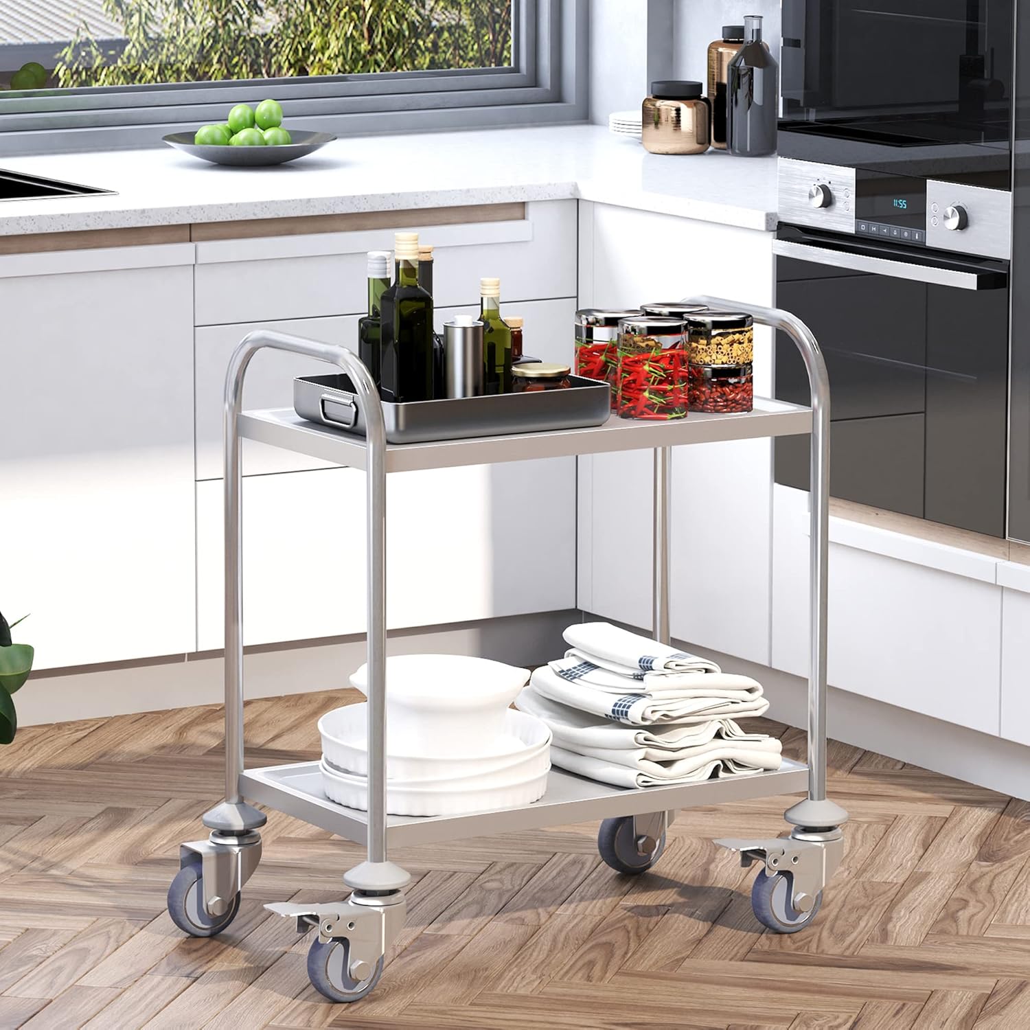 Thumbnail 1 de HOMCOM Chariot de Service et Desserte de Cuisine à Roulettes, 2 étagères, 80L x 45cm x 82H, Acier Inox chromé