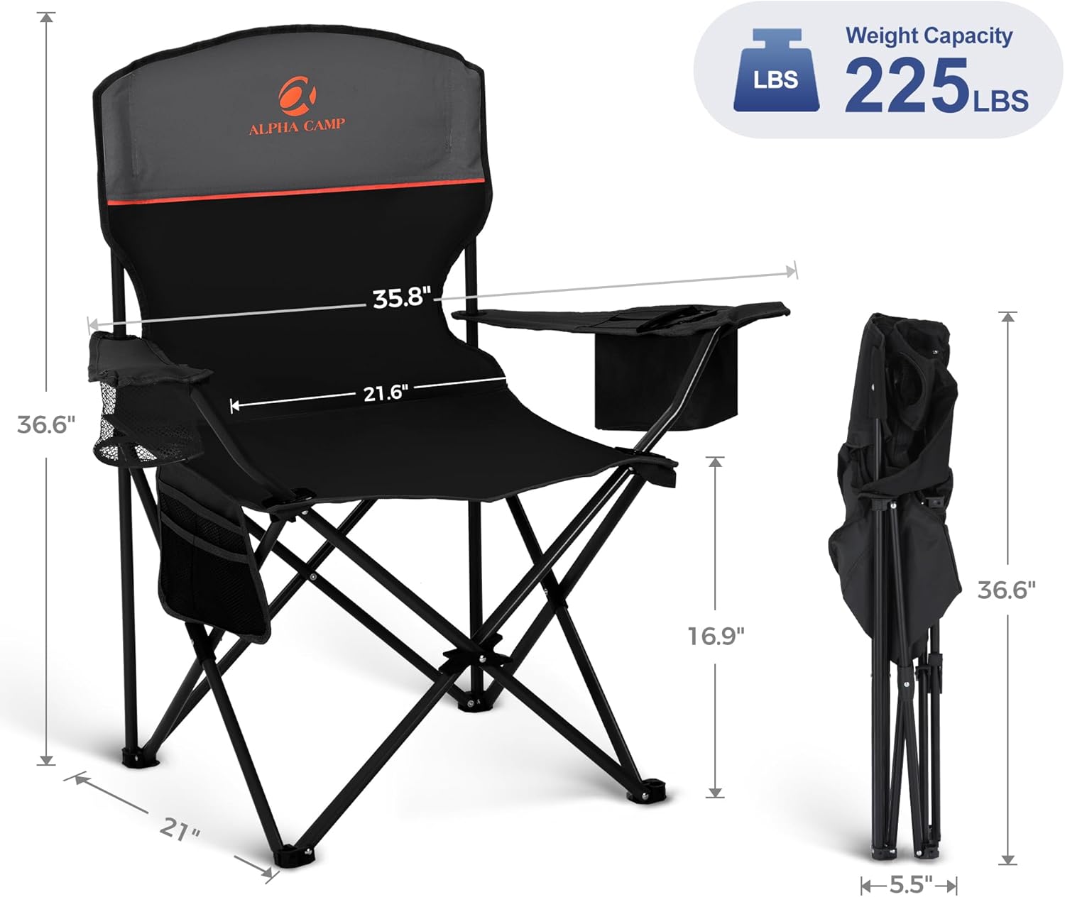 Thumbnail 2 de LET'S CAMP 2 Pack Folding Camping Chairs with 3-Can Cooler Bag (Black)