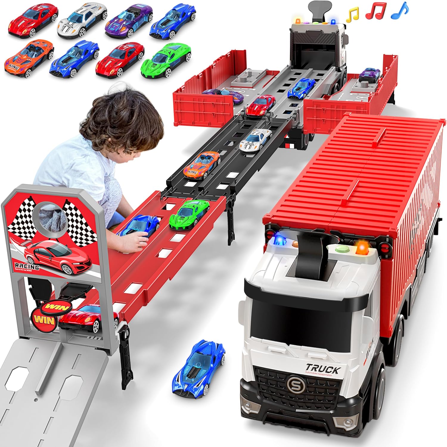 Detalle de Transport Truck Toy for Boys & Girls with 8 Race Cars and Ejecting Dual Tracks (Portable Carrier Truck Set)