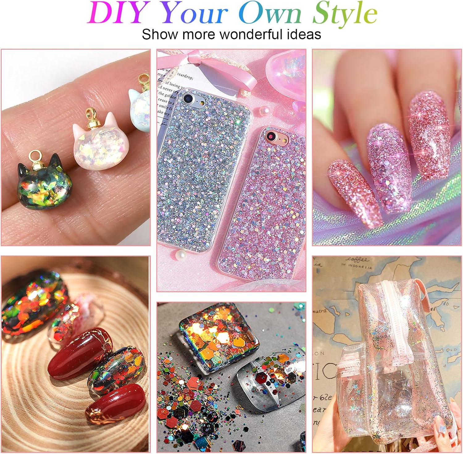Thumbnail 6 de AOOWU Paillettes Unghie: kit polvere glitterata olografica con 12 colori per DIY viso, corpo e manicure